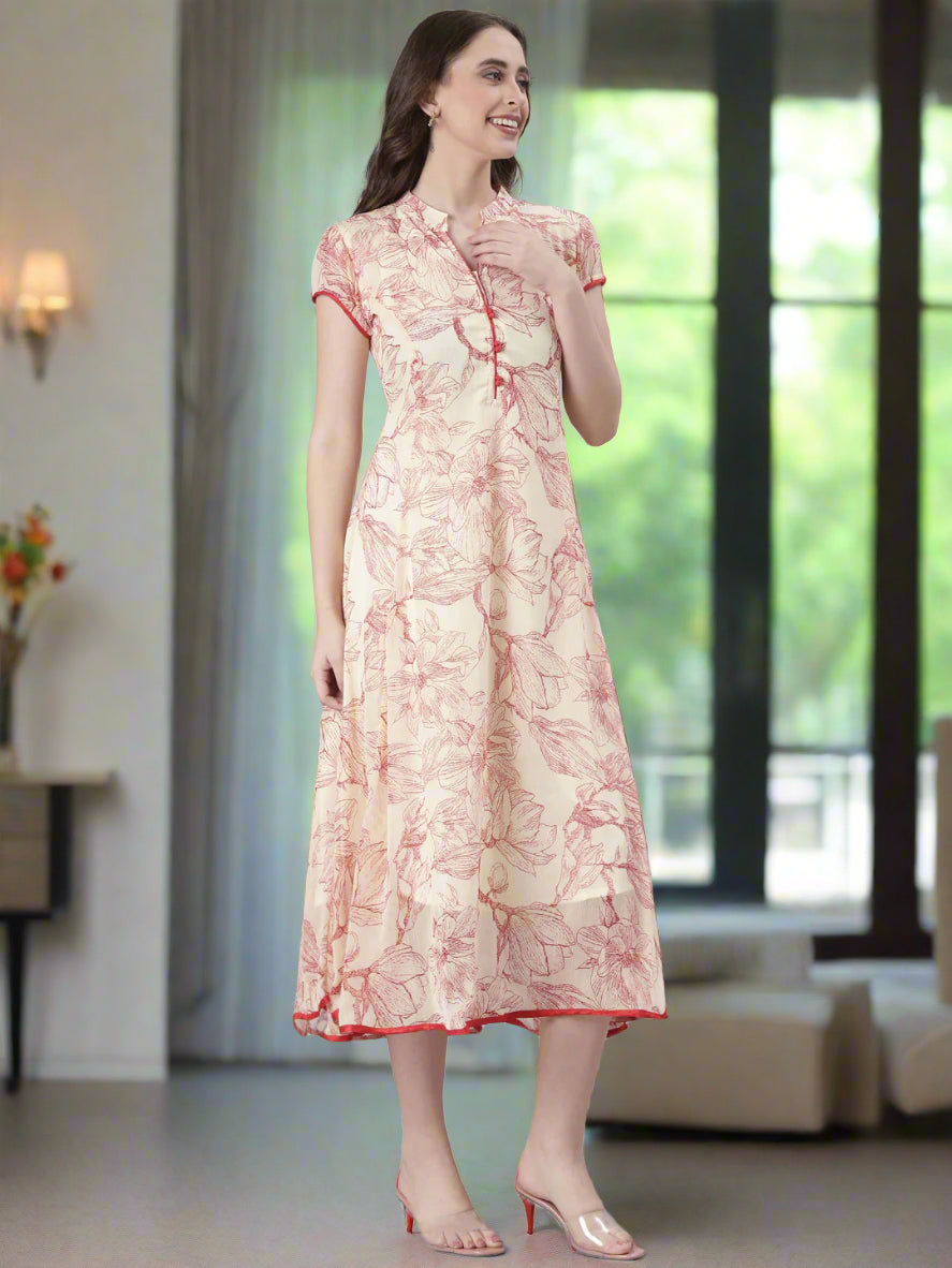 Women Cream Floral Tiered Midi Dress