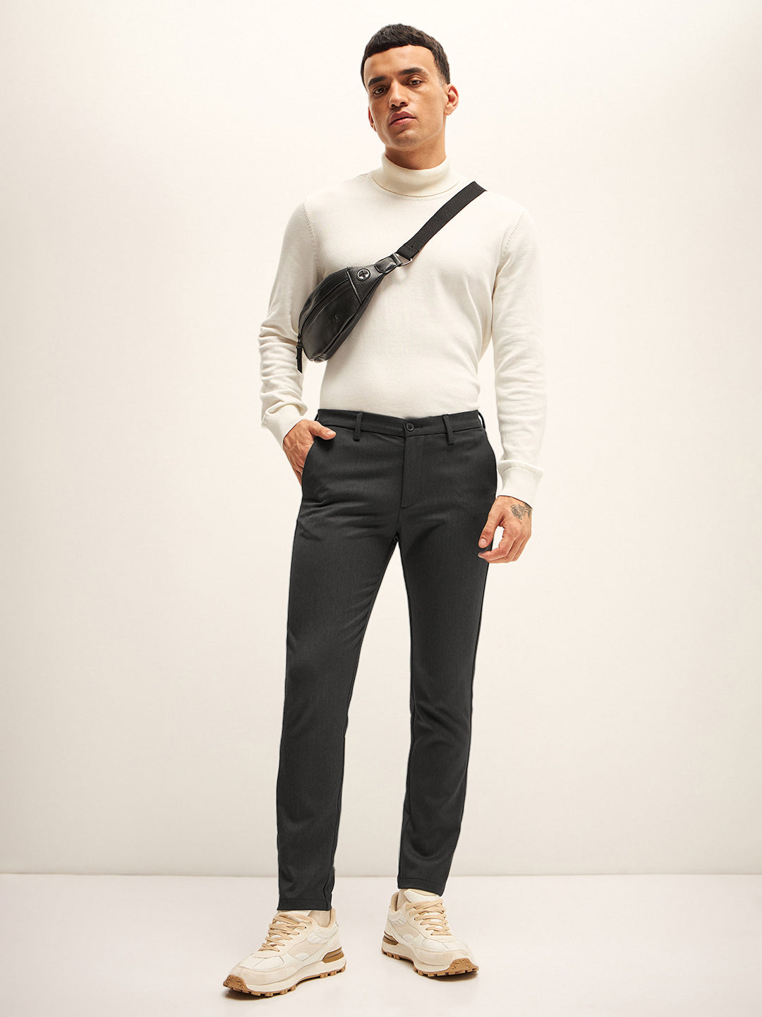 Men Black Solid 4 Way Stretch Formal Trouser