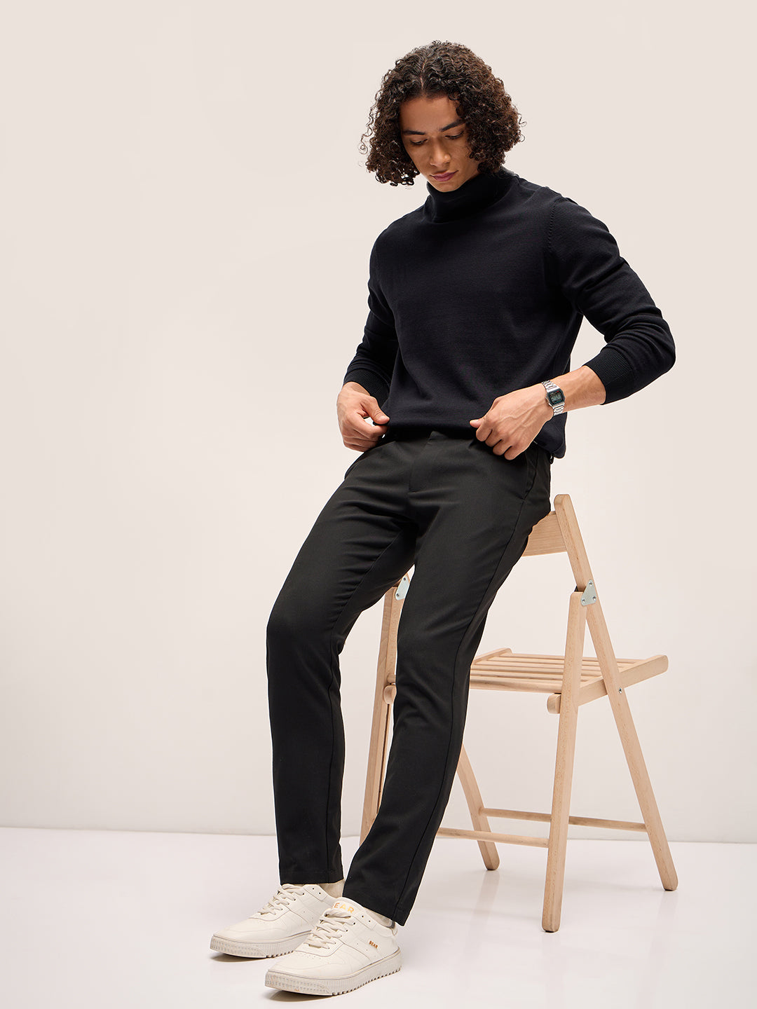 Men Black Solid 4 Way Stretch Formal Trouser