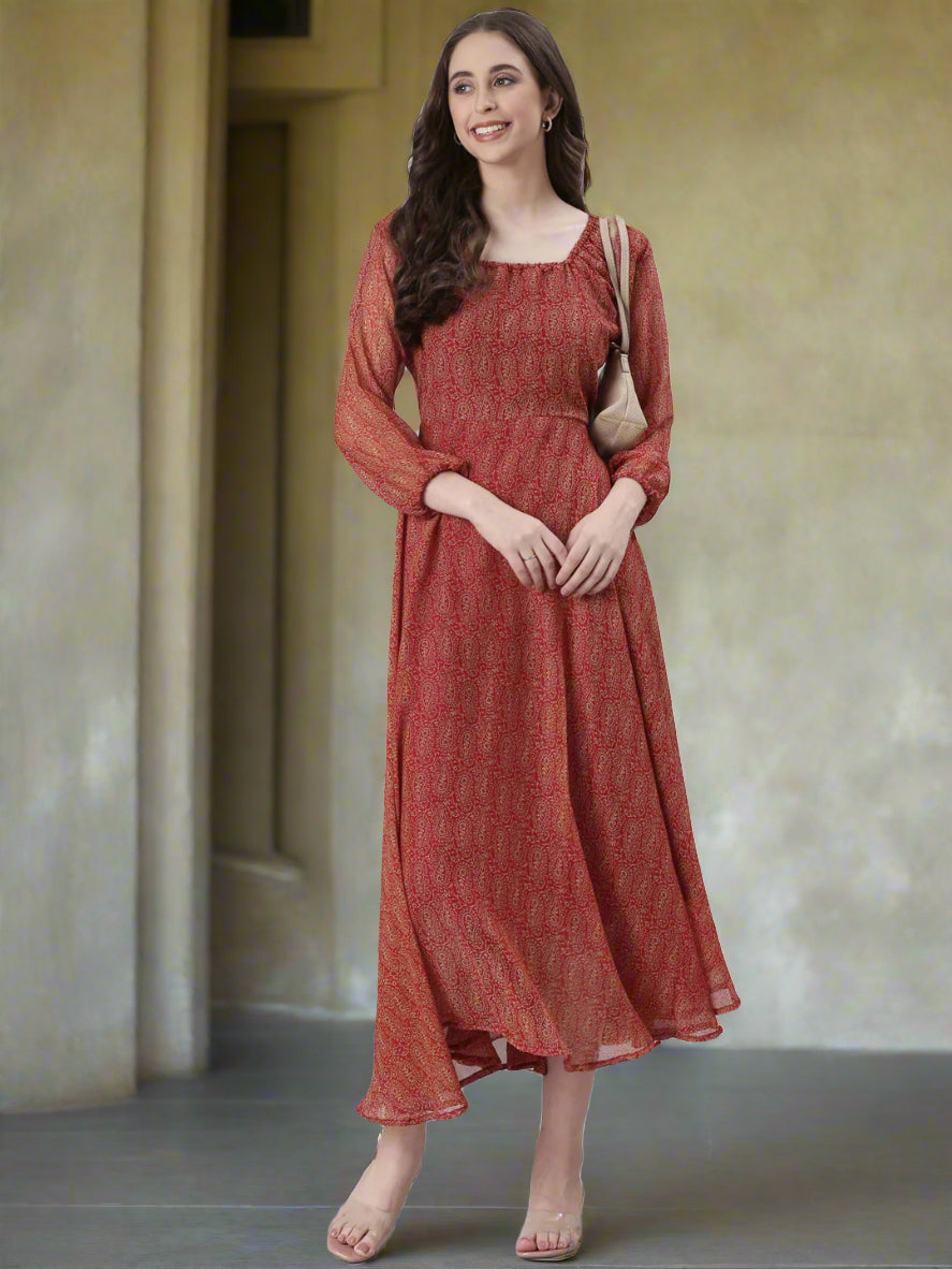 Women Red Printed Fit & Flare Dress