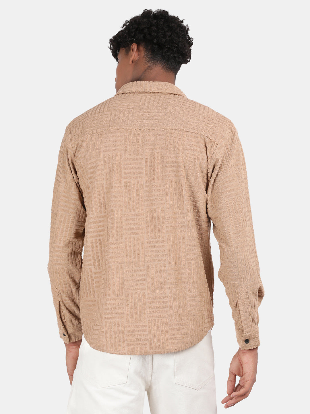 Men Cream Slim Fit Spread Collar Full Sleeve Casual Shirt