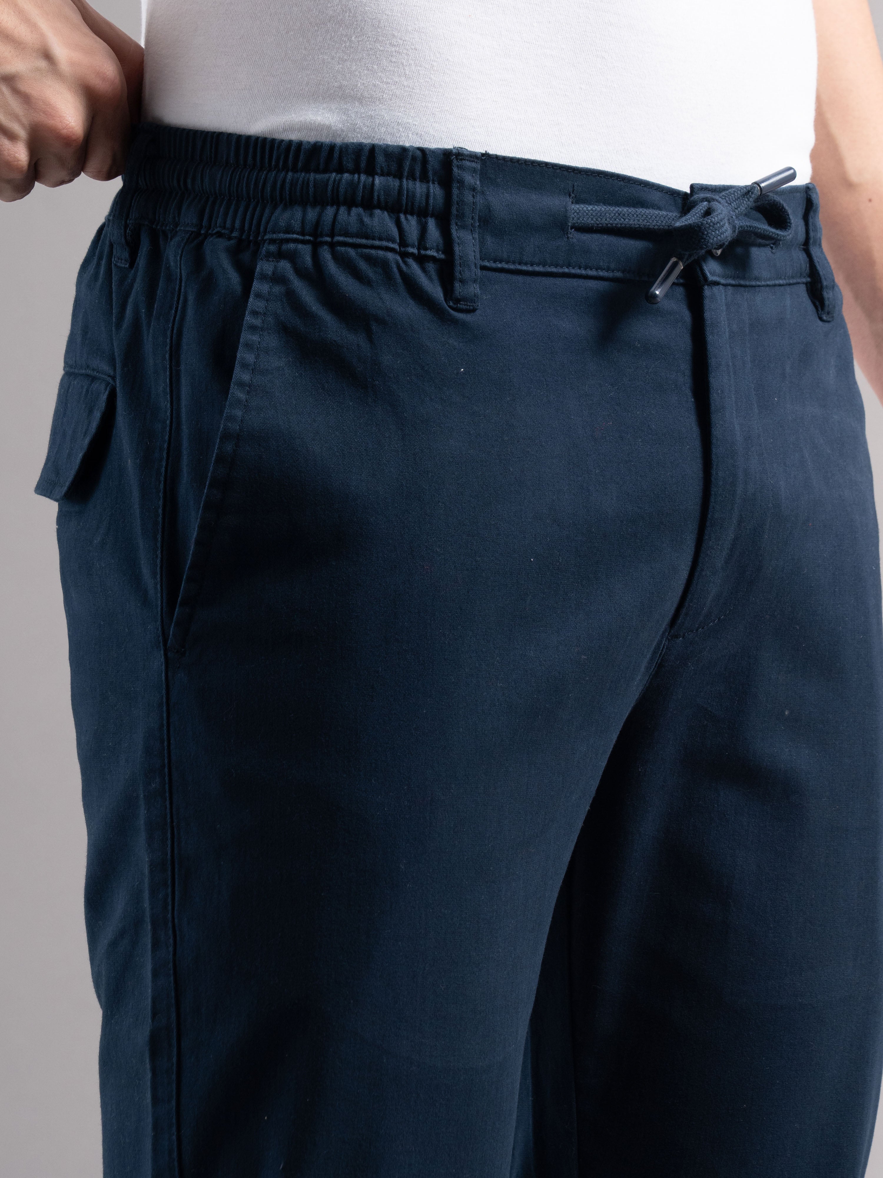Men Teal Elastic Drawstring Trousers