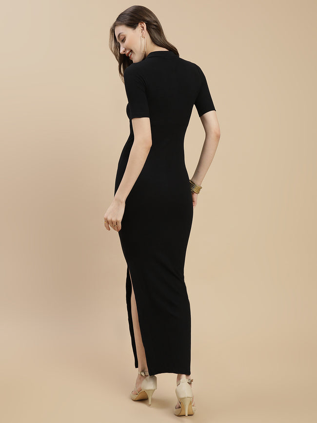 Women Black Polo Dress With Side Slit