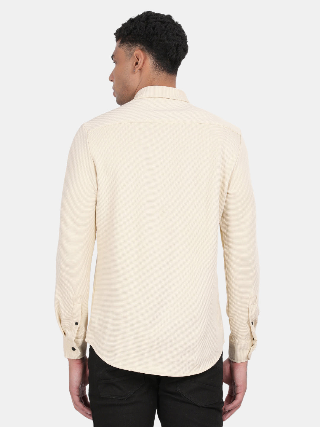 Men Cream Slim Fit Spread Collar Full Sleeve Casual Shirt