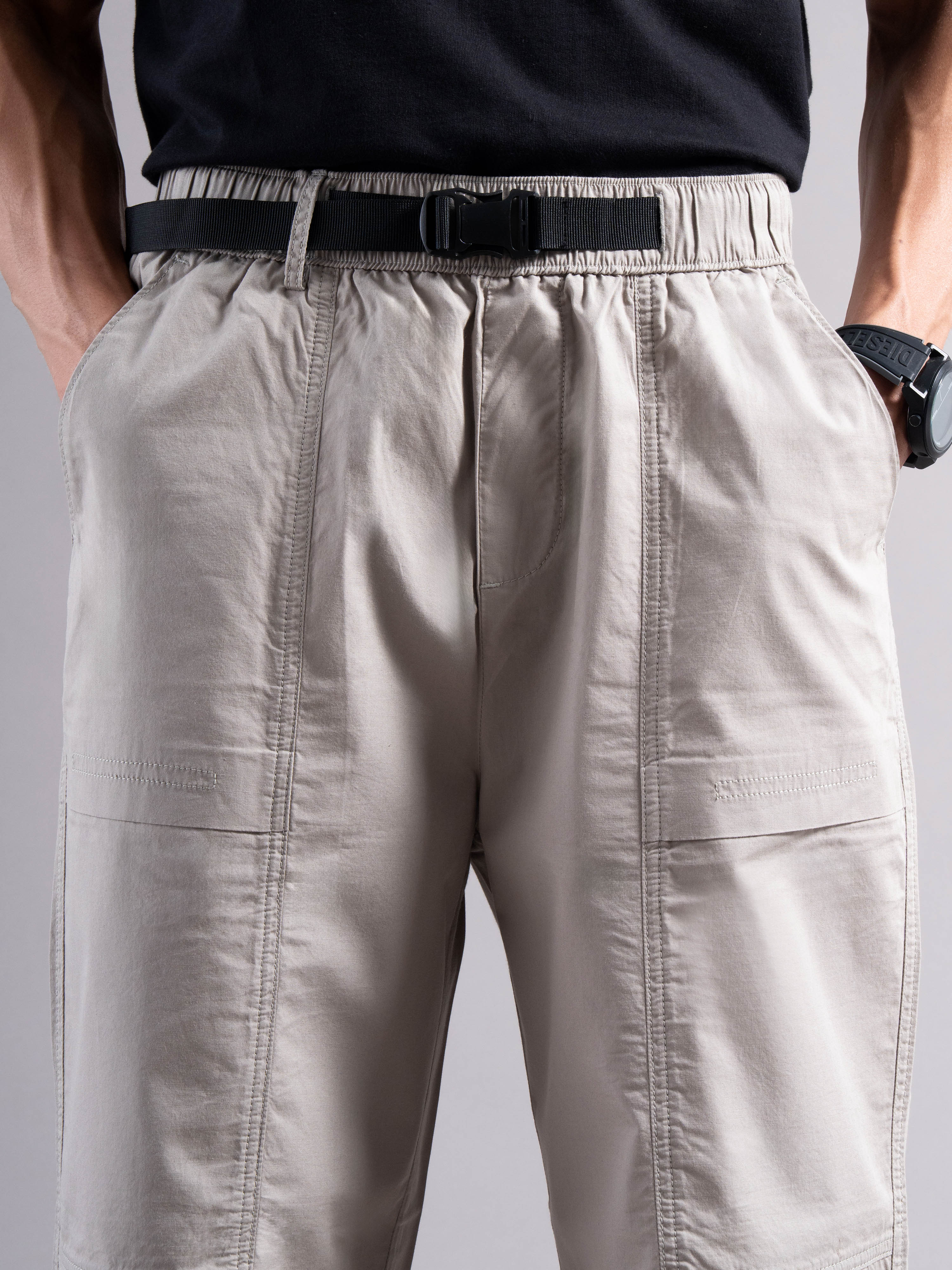 Men Grey Buckle Waist Trousers
