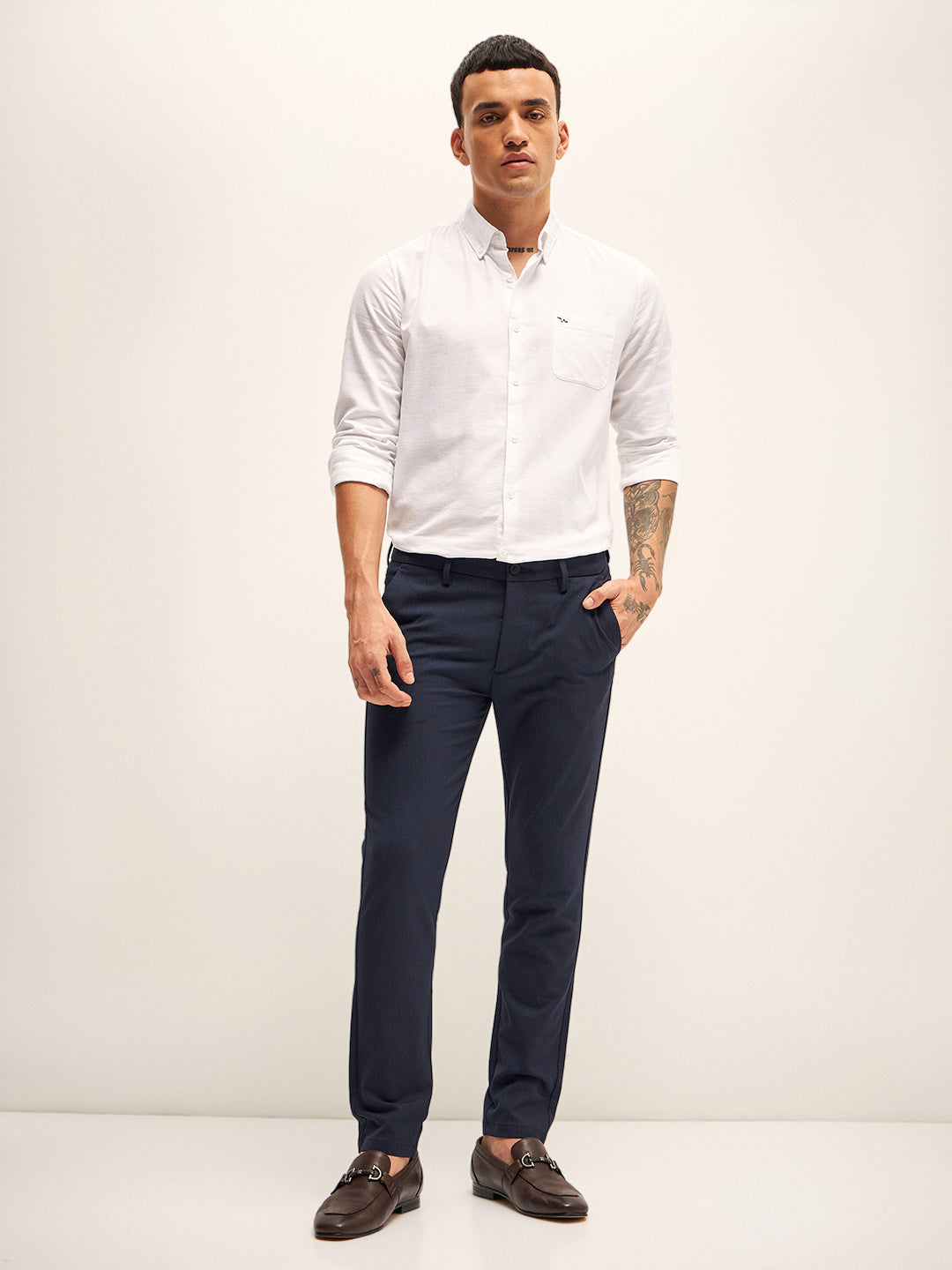 Men Navy Solid 4 Way Stretch Formal Trouser