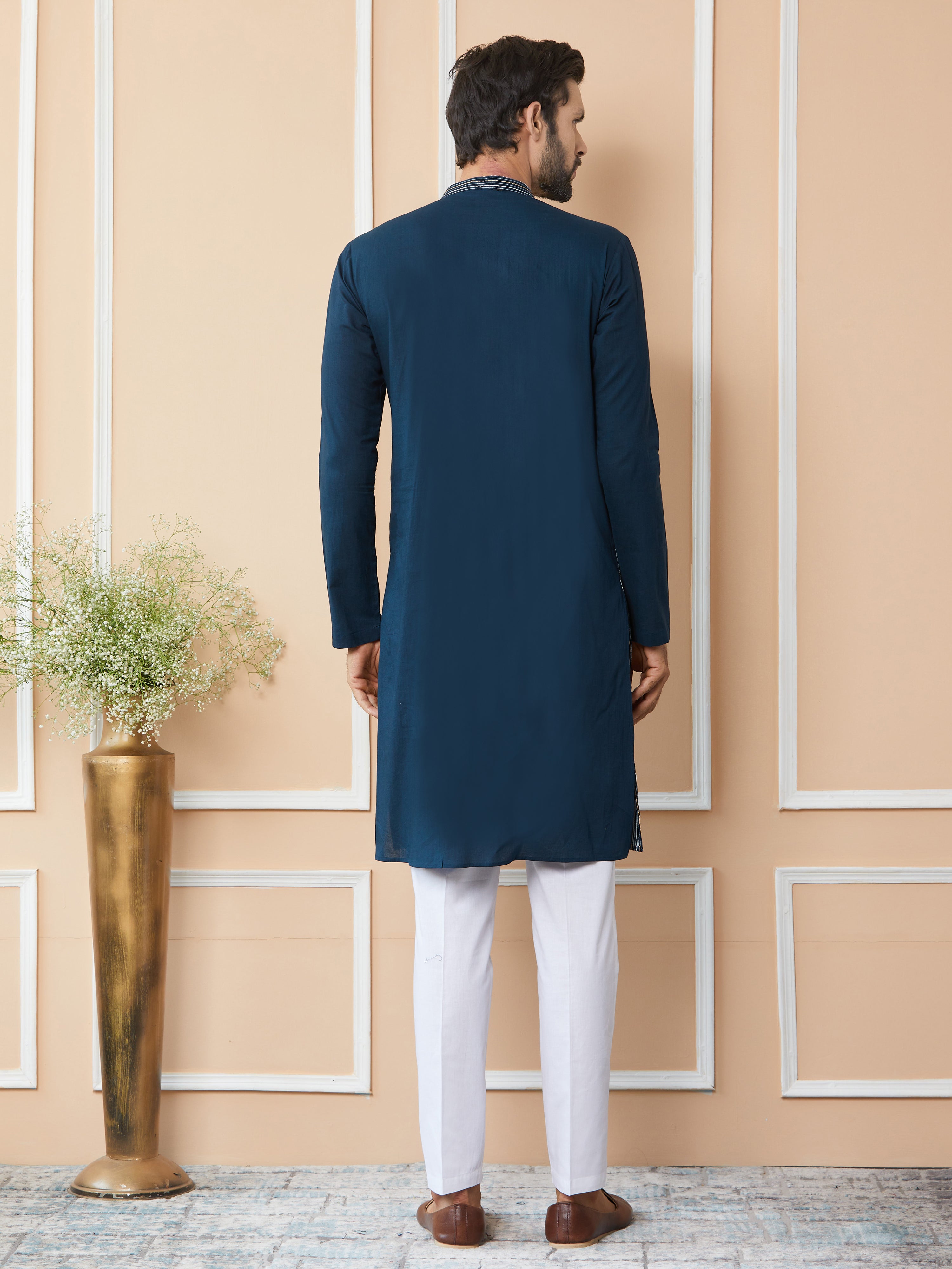 Men Dark Blue Thread & Sequin Worked Pure Cotton Straight Kurta