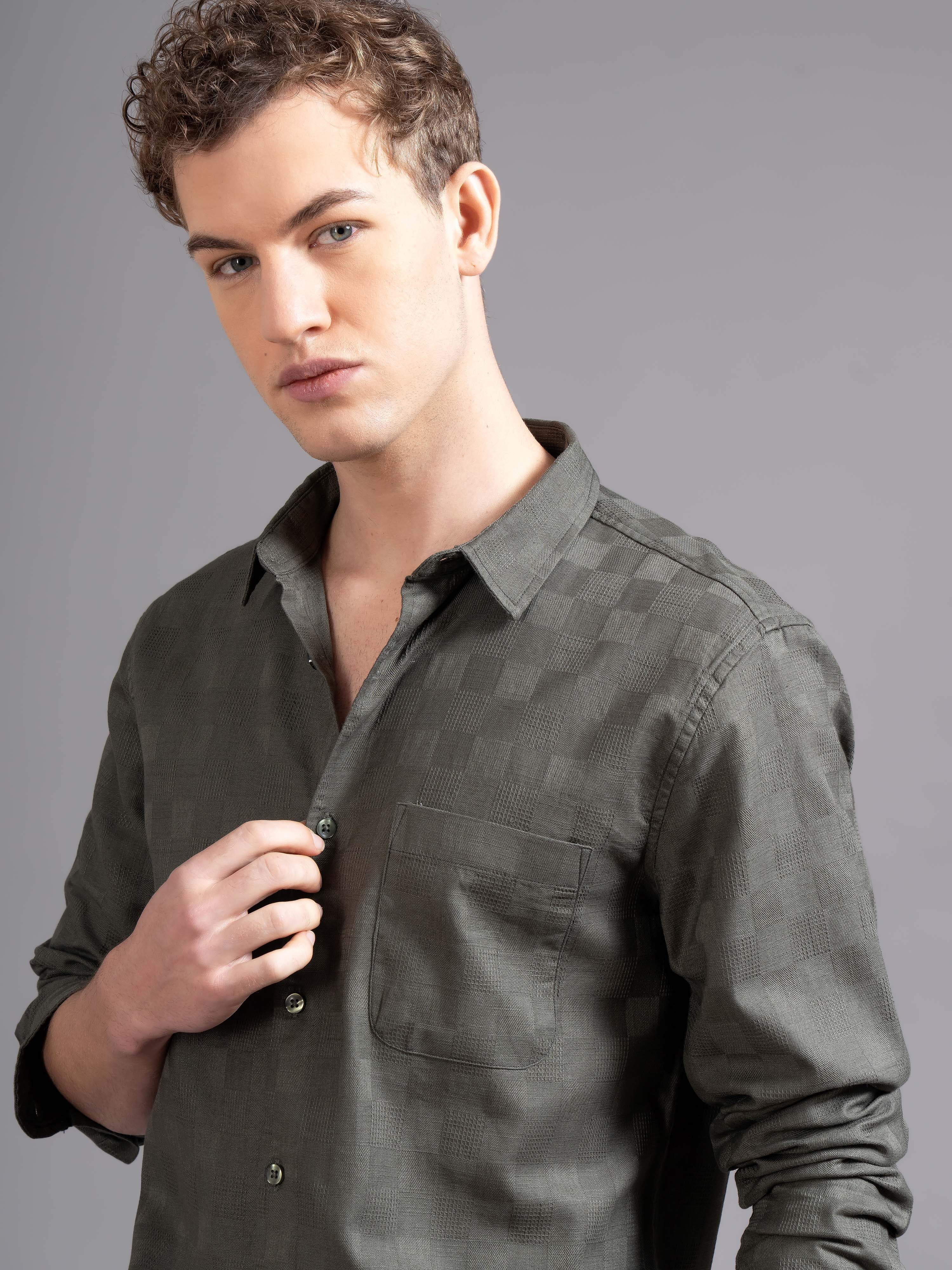 Men Olive Checked Shirt