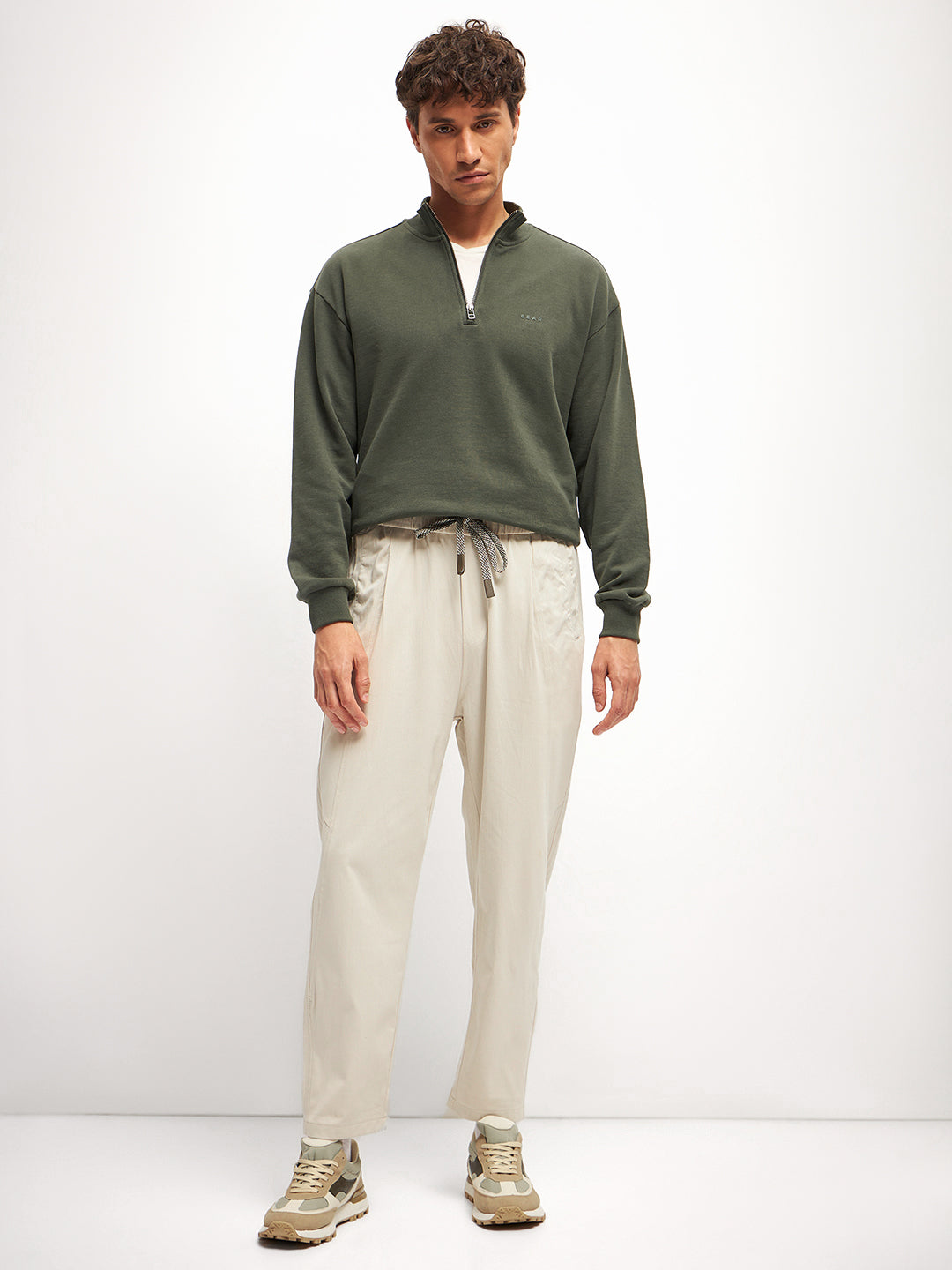 Men Olive Solid Relax Fit High Neck Sweatshirt