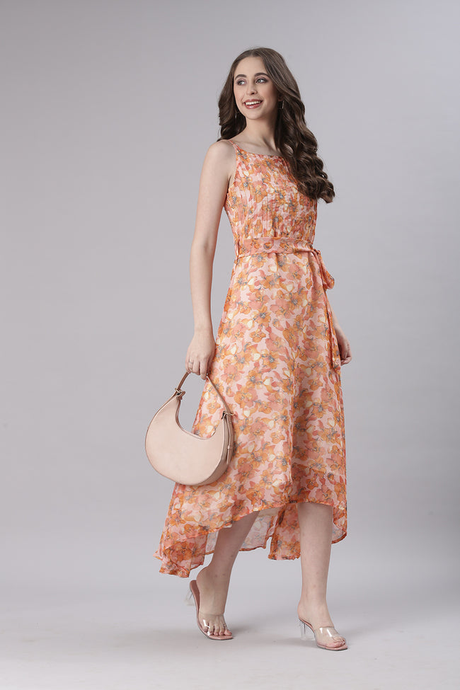 Women Peach Floral Print Tiered Dress