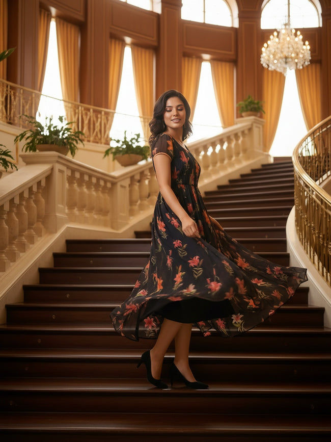Women Black Floral Chiffon Dress