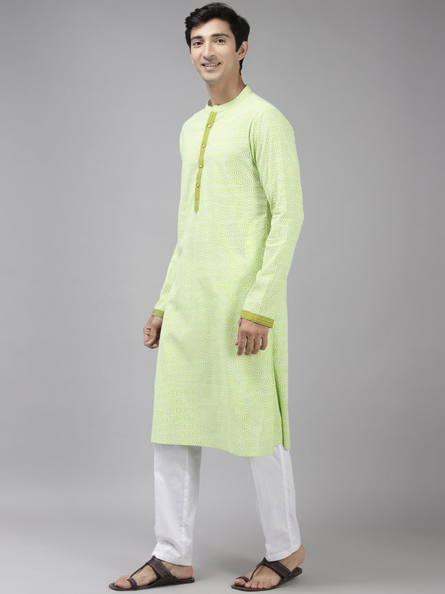 Men Lime Green & White Cotton Kurta