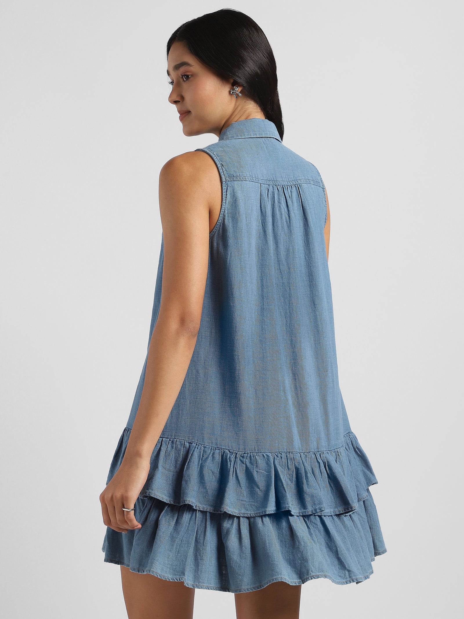 Women Blue Denim dress with bottom Frill