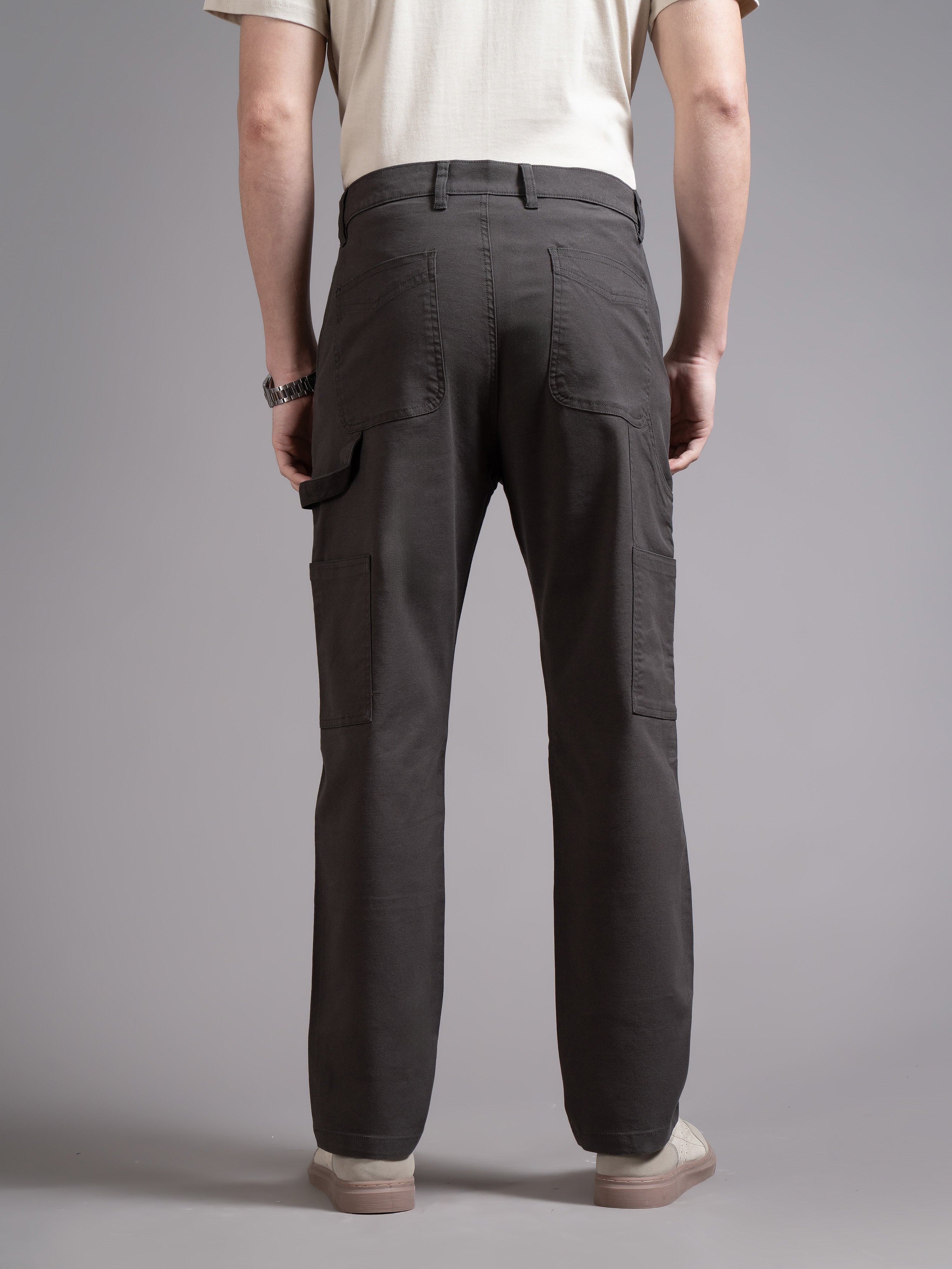 Men Charcoal Straight Fit Cargo Trouser