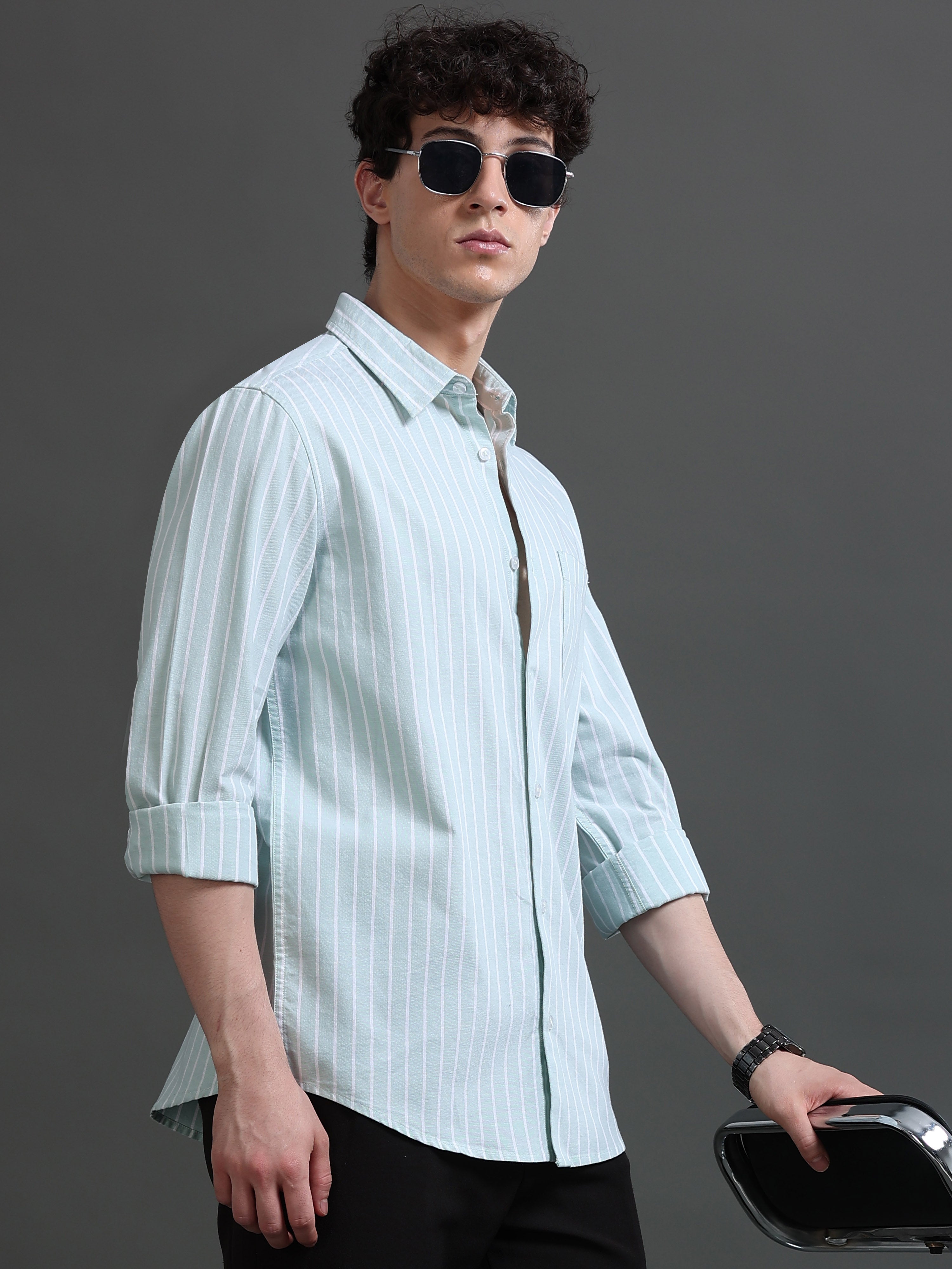 Men Green Striped Shirt