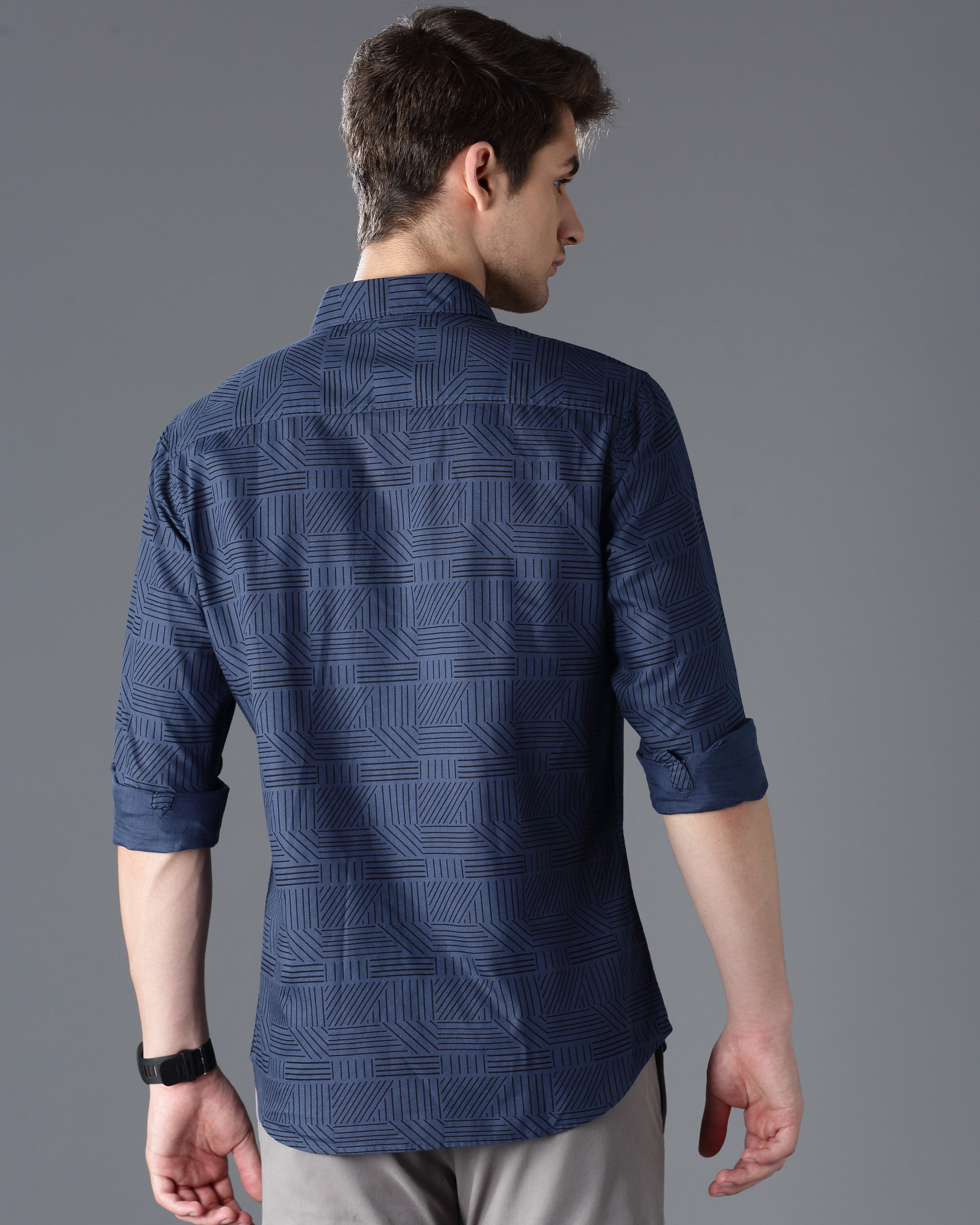 Men Blue Cotton Slim Shirt