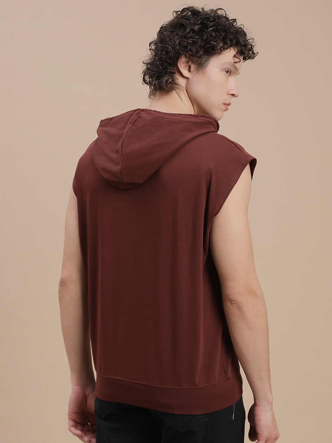 Men Brown Sleeveless Hoodie