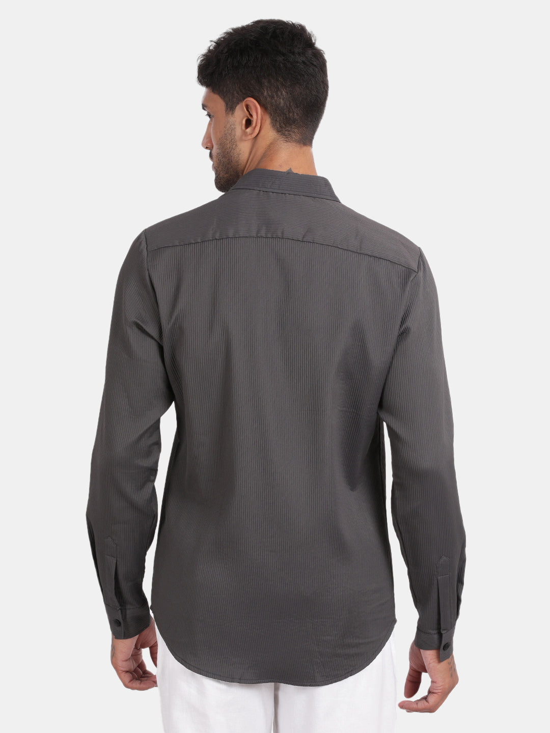 Men Grey Slim Fit Spread Collar Full Sleeve Casual Shirt