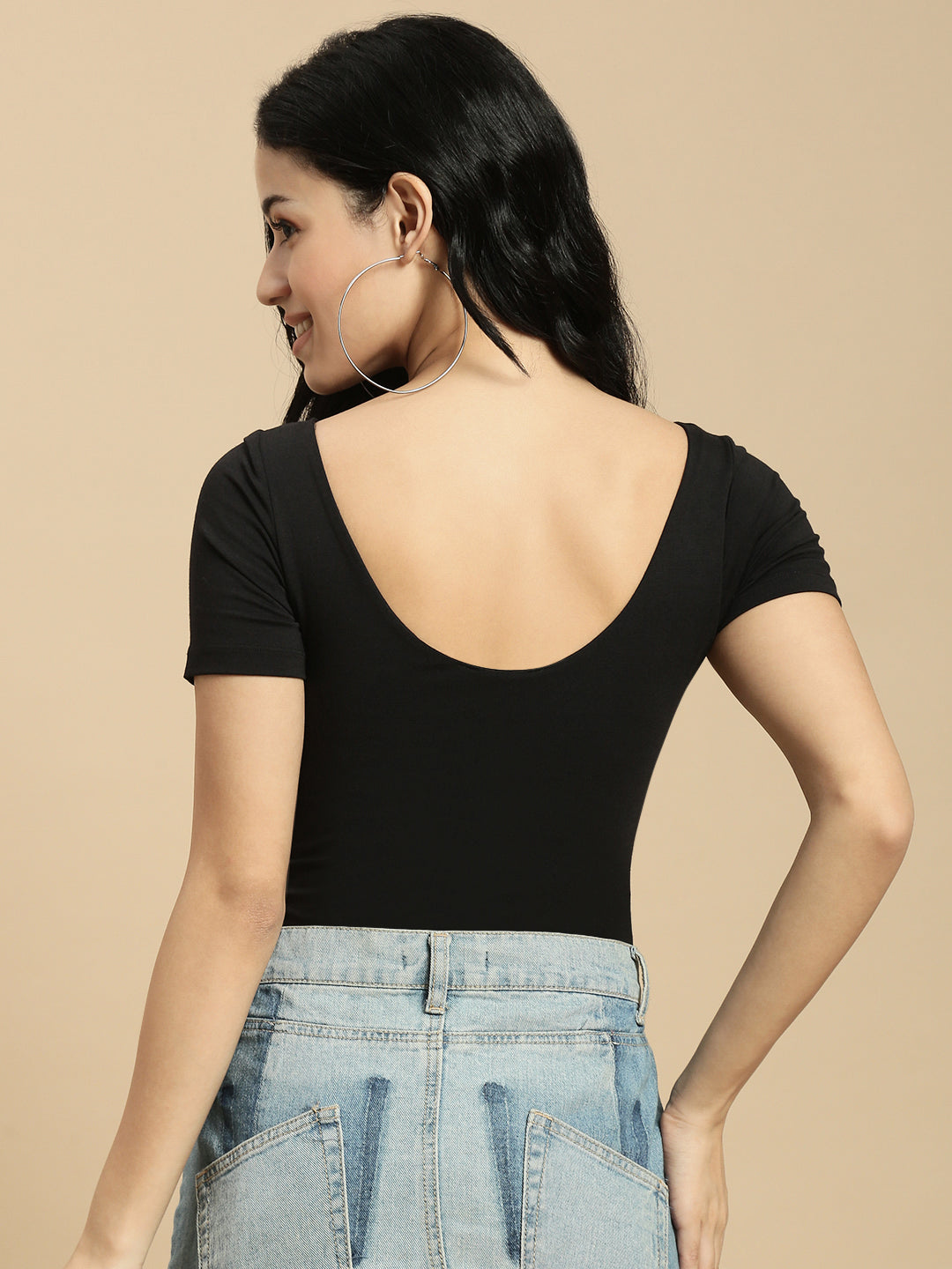 Women Black Half Sleeve Crop Top