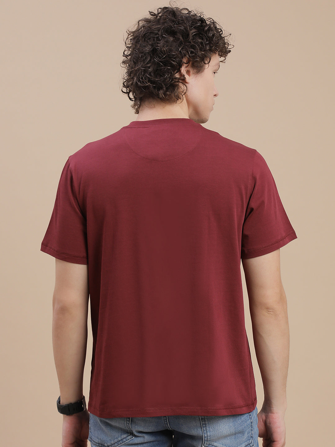 Men Burgundy Crew Neck T-Shirt