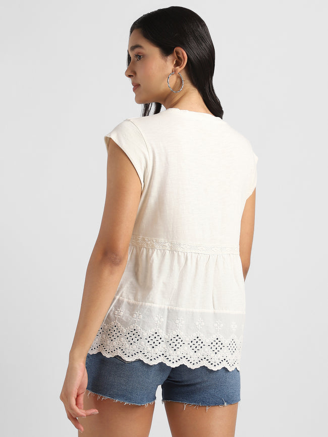 Women White Embroidered Top with Schiffli Inserts