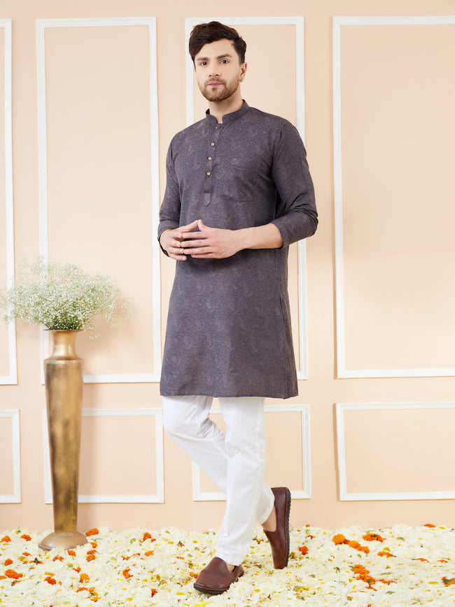 Men Black Ethnic Motifs Silk Jacquard Woven Design Straight Kurta