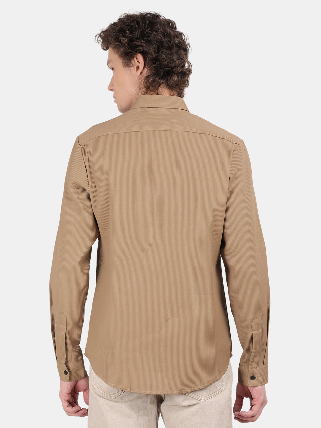 Men Khaki Slim Fit Spread Collar Full Sleeve Casual Shirt