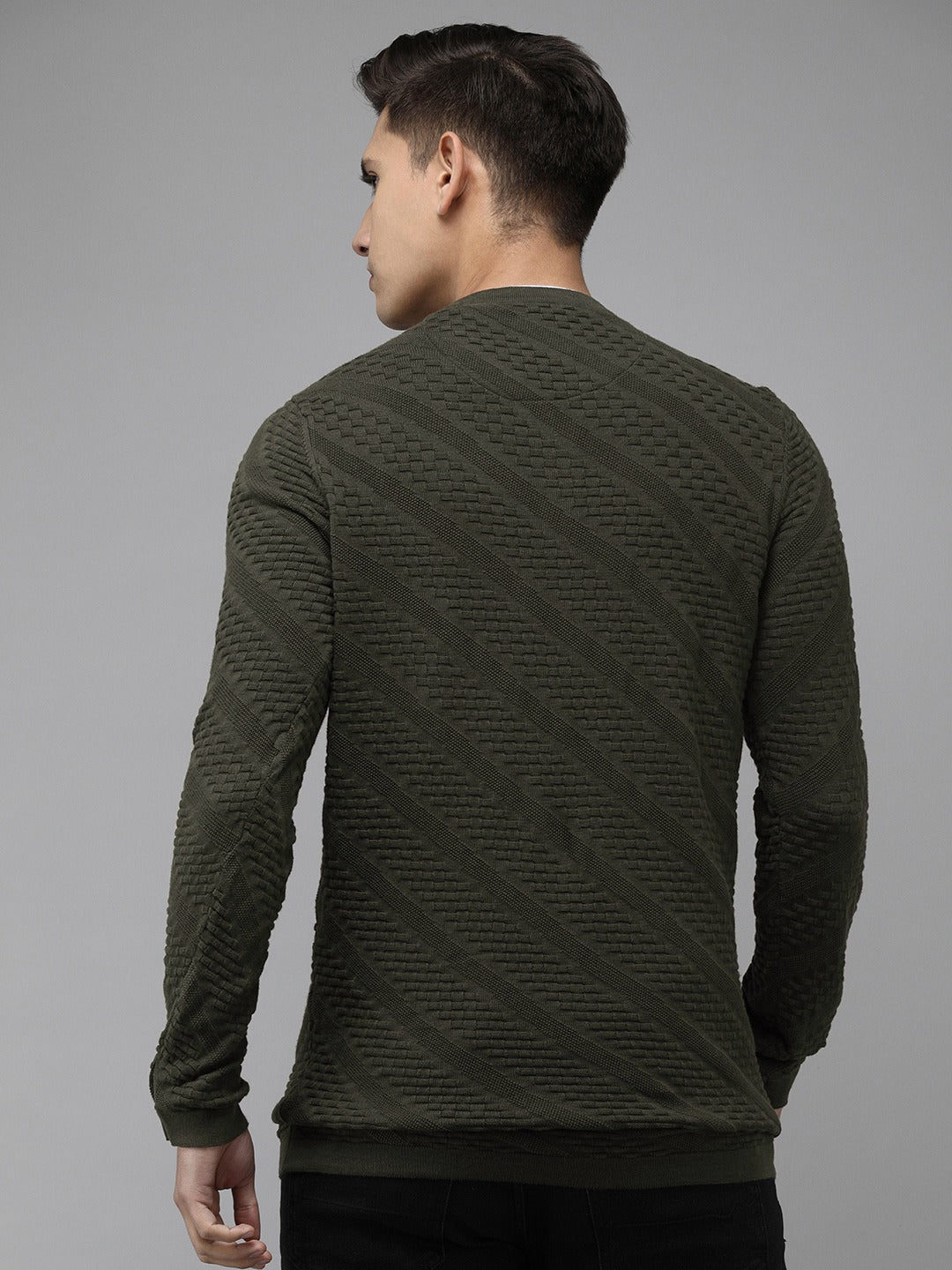 Men Ardor Edition Green Self Design Pure Cotton Knitted Pullover Sweatshirt