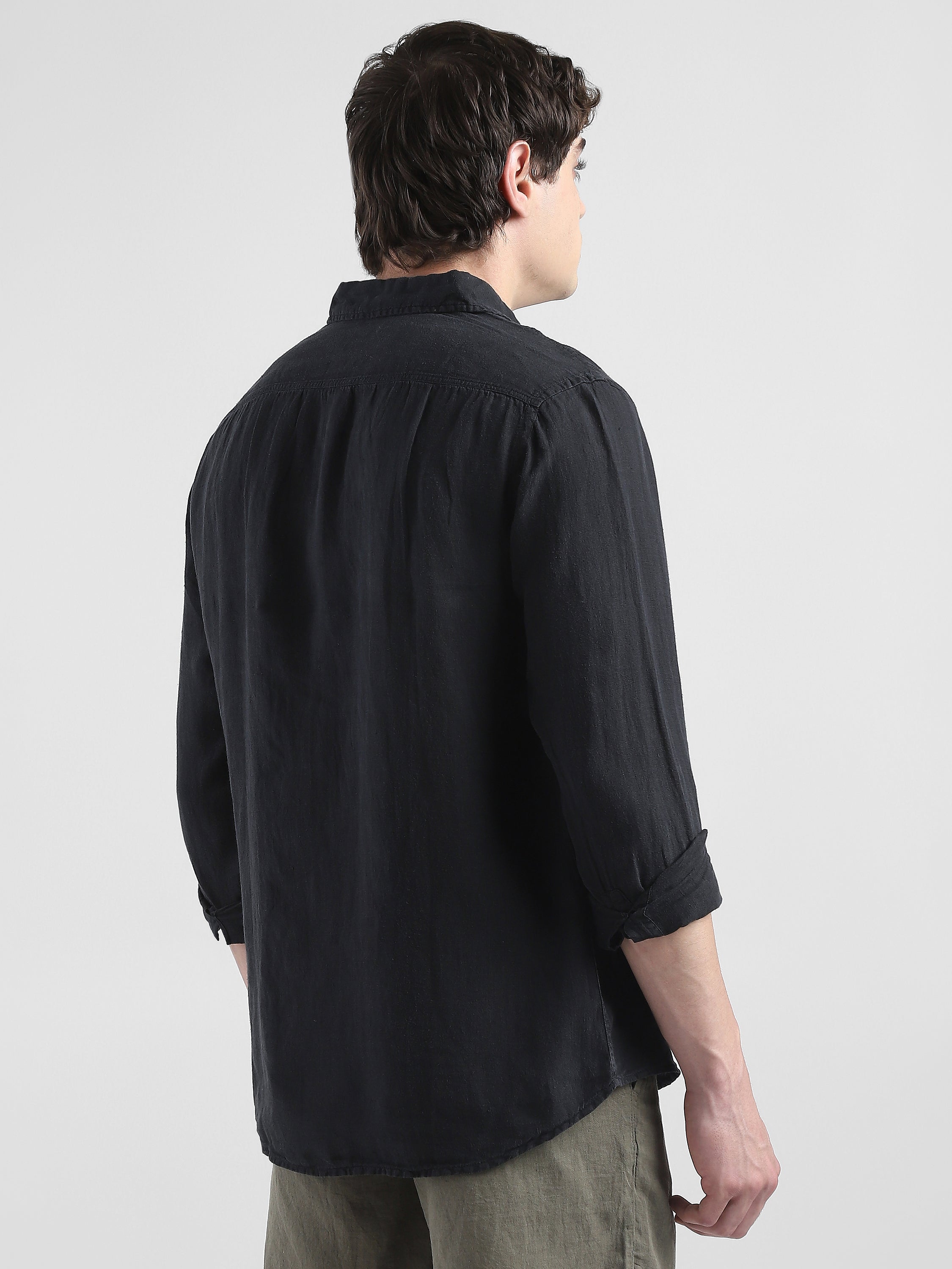 Men 100% Linen Black Regular Fit Shirt