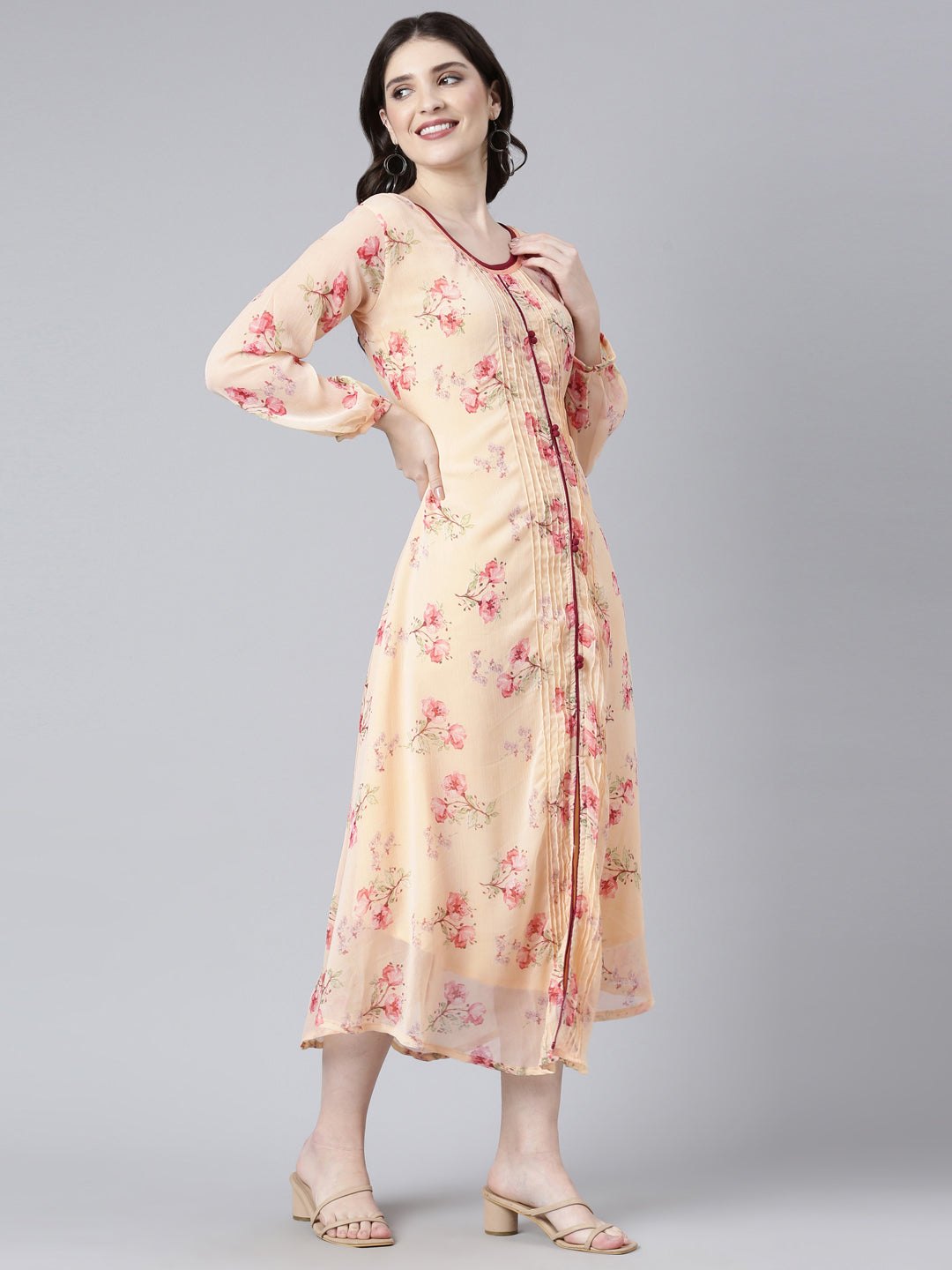 Women Peach Floral Chiffon Dress