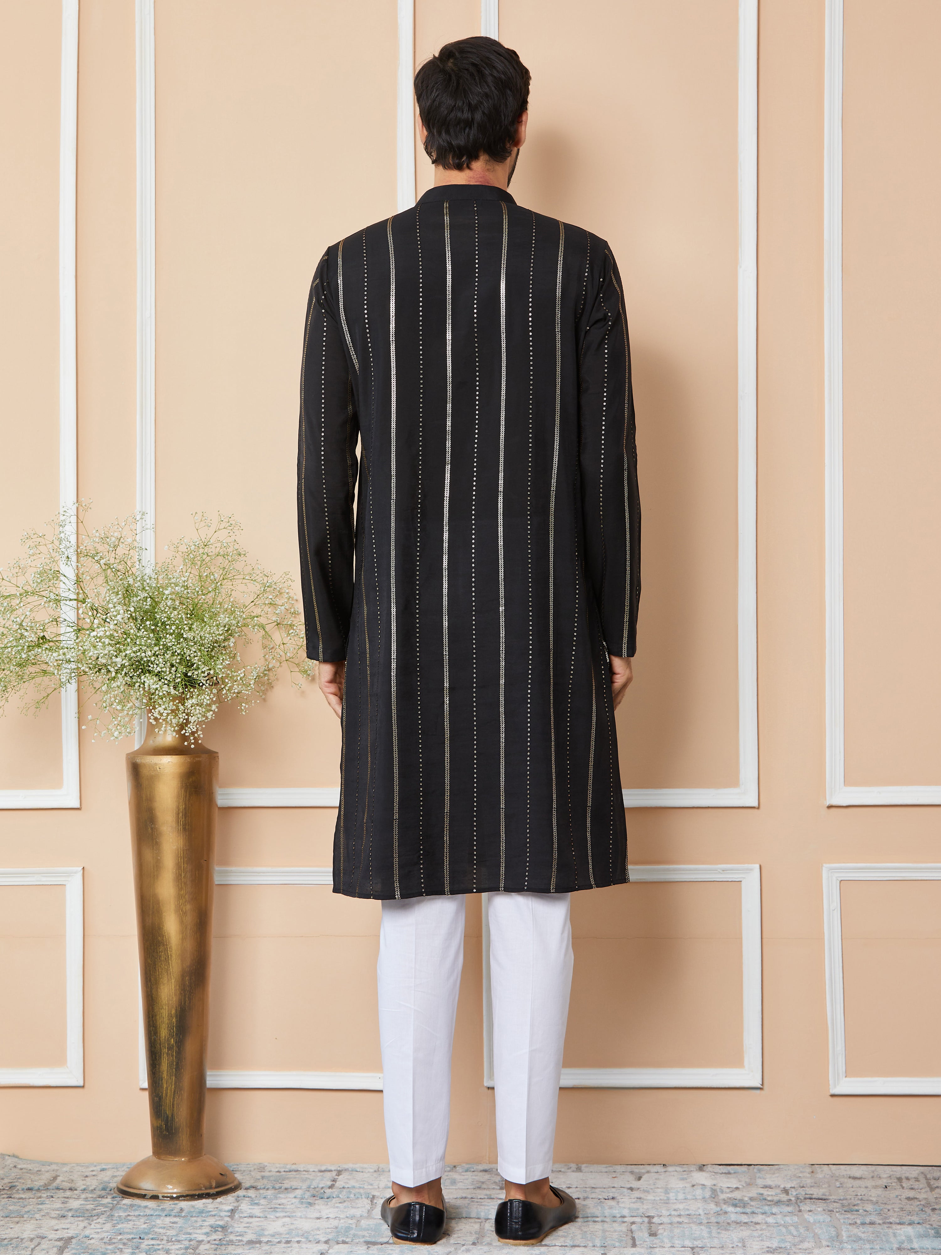 Men Black Sequins Embroidered Pure Chanderi Silk Straight Kurta