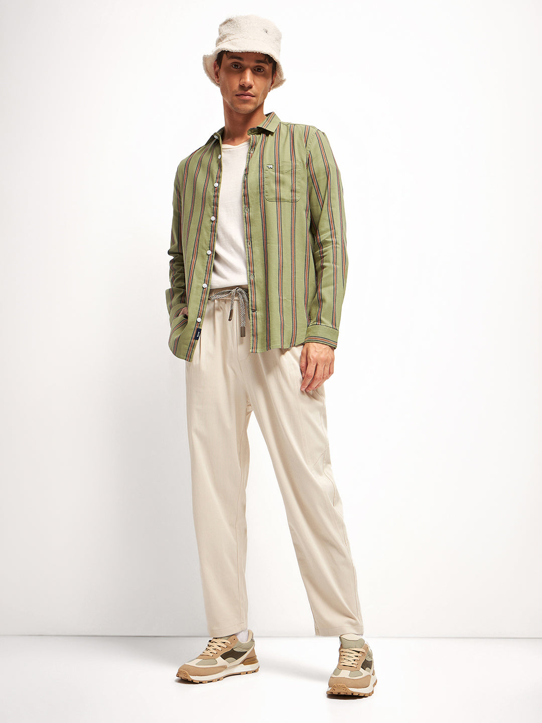 Men Olive Stripe Slim Fit Casual Shirt
