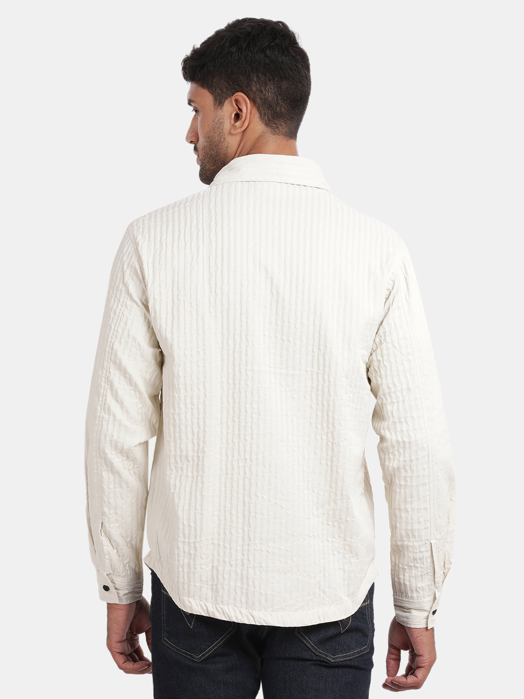 Men Cream Slim Fit Spread Collar Full Sleeve Casual Shirt