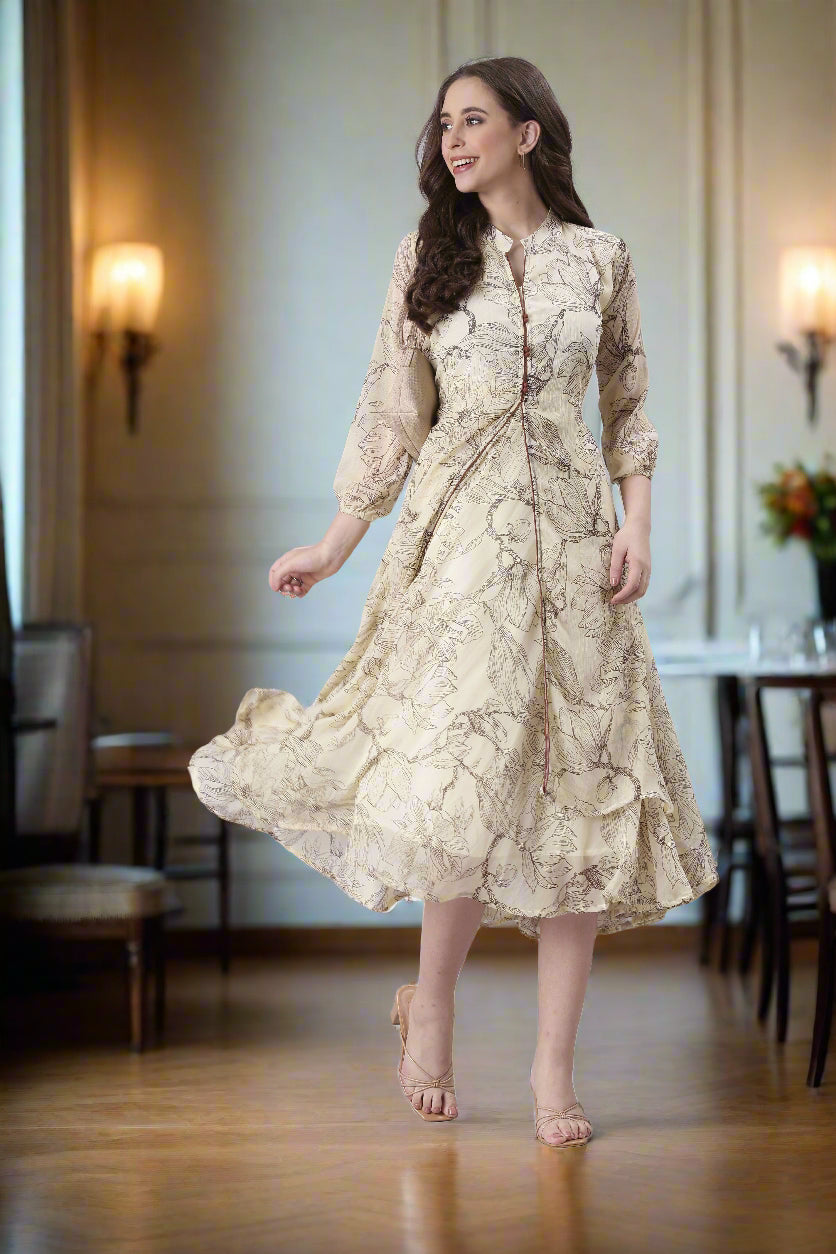 Women Cream Floral Tiered Midi Dress