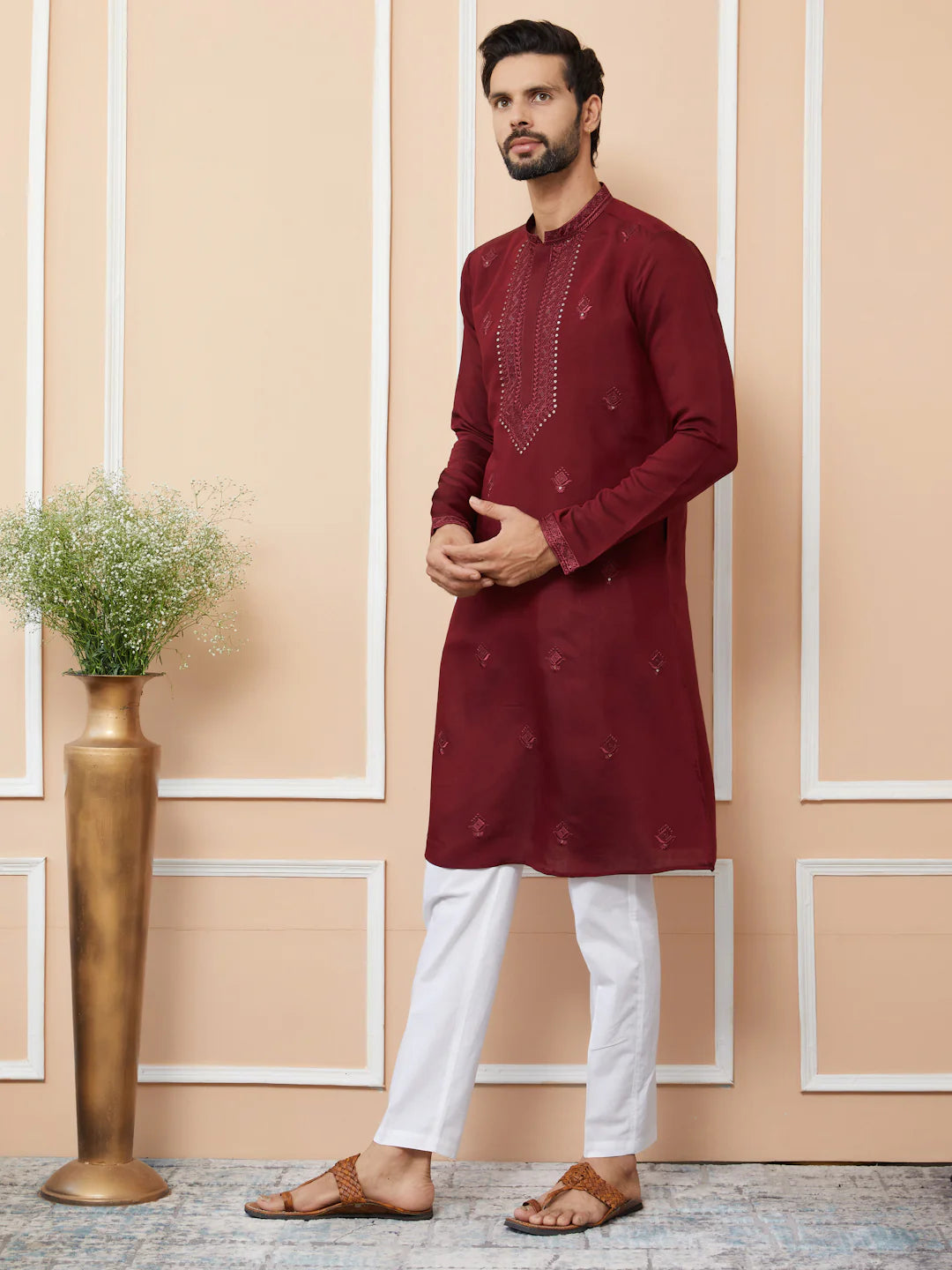 Men Maroon Embroidered Chanderi Silk Straight Kurta