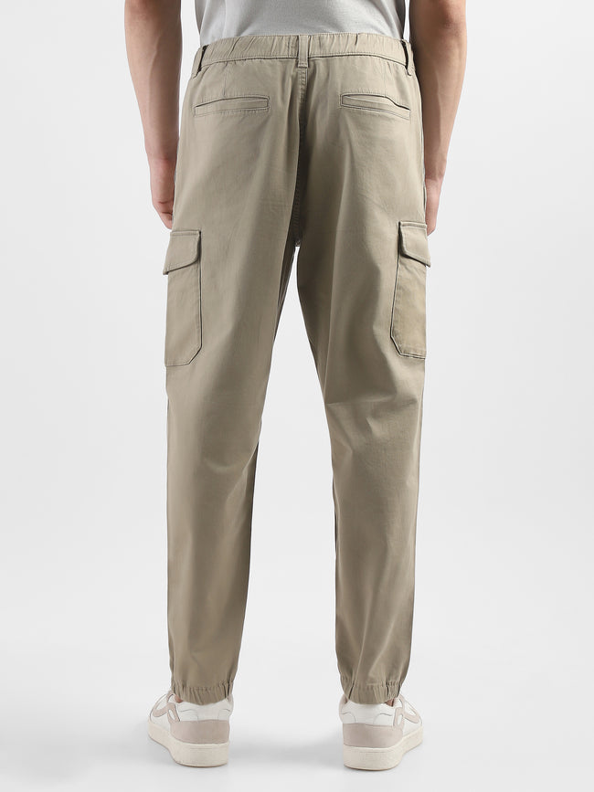 Men Cotton Blend Beige Cargo Pants with 6 Pockets