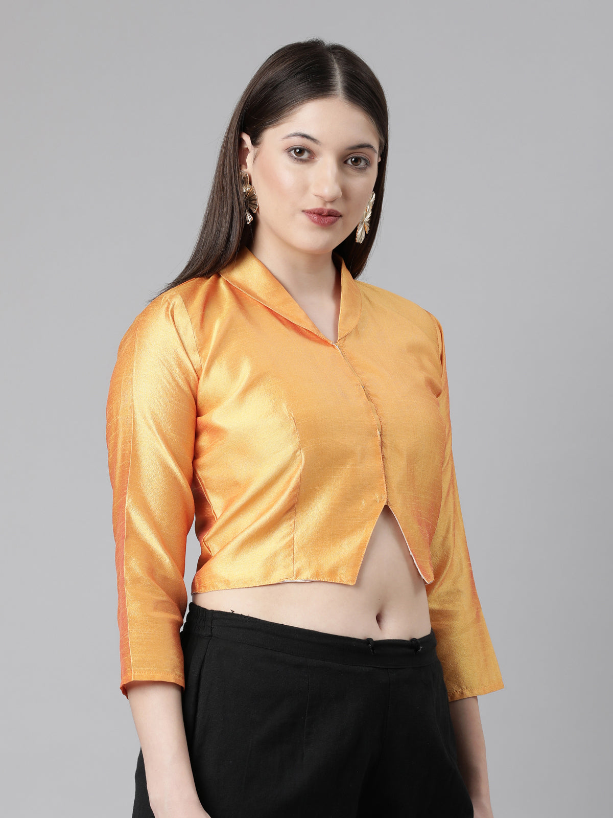 Mustard Solid Three-Quarter Sleeves Mandarin Collar Dupion Silk Knot Blouse