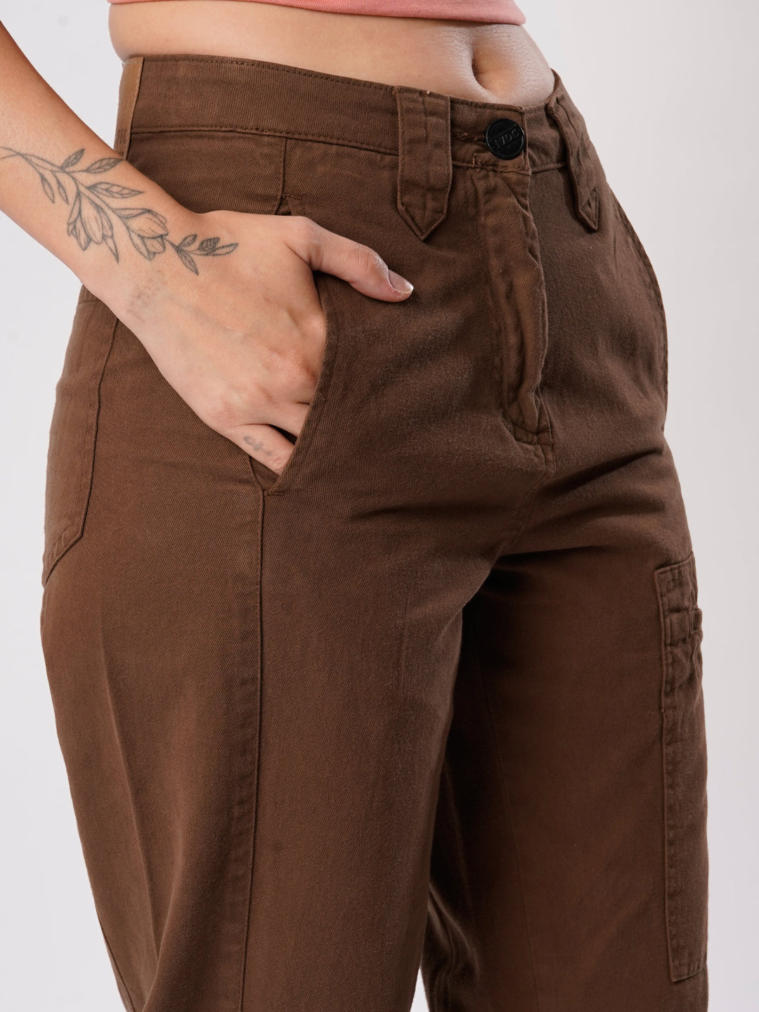 Women Brown Cargo Trouser with Waistband detailing