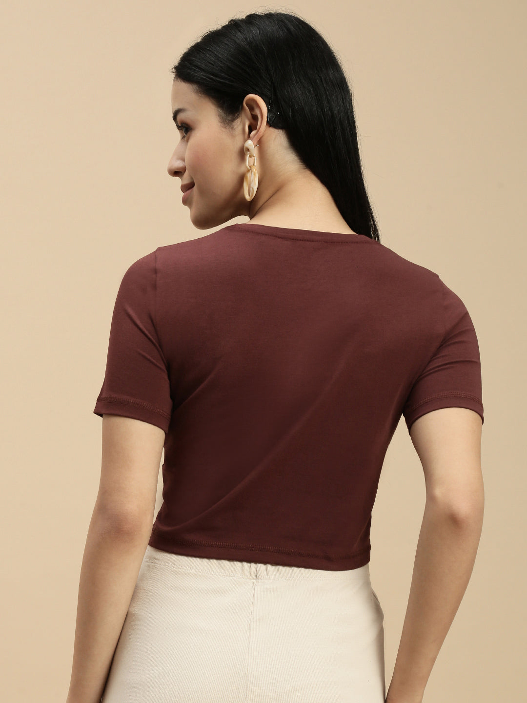 Women Brown Half Sleeve Crop Top