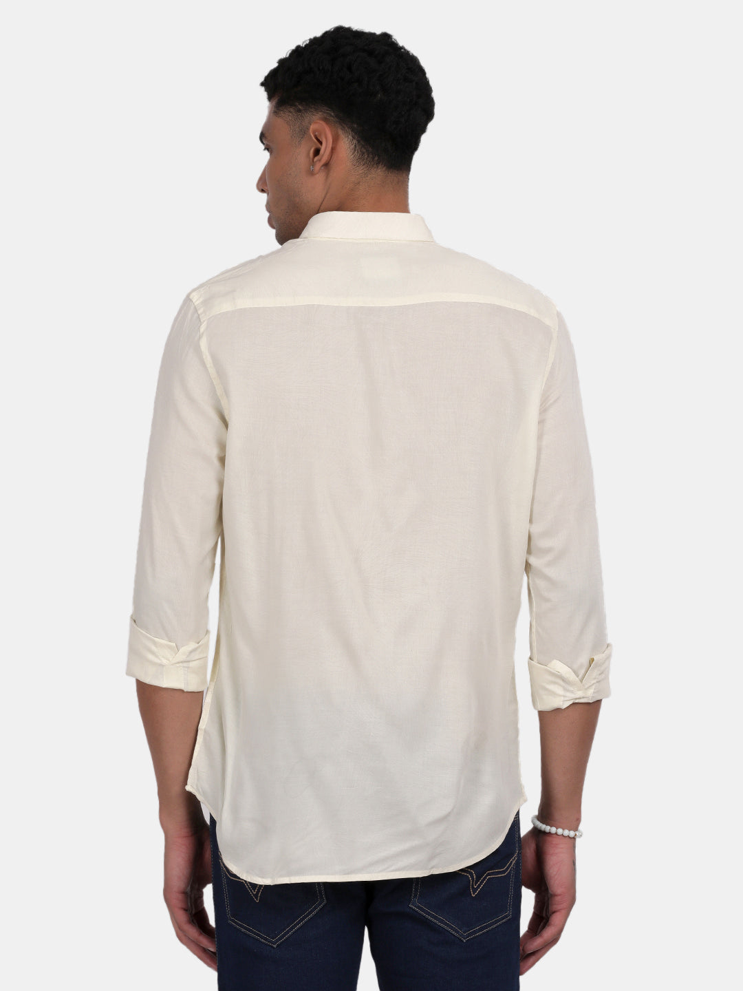 Men Light Cream Slim Fit Spread Collar Full Sleeve Casual Shirt