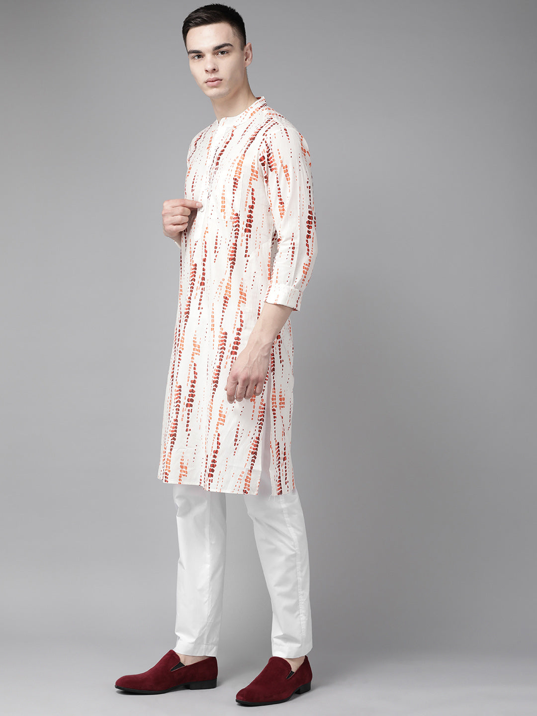 Men White Multi Tie And Dye Print Design Straight Kurta
