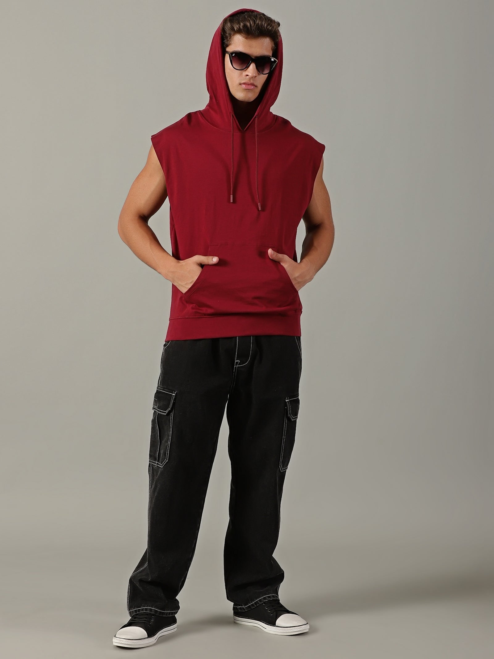 Men Burgundy Sleeveless Hoodie