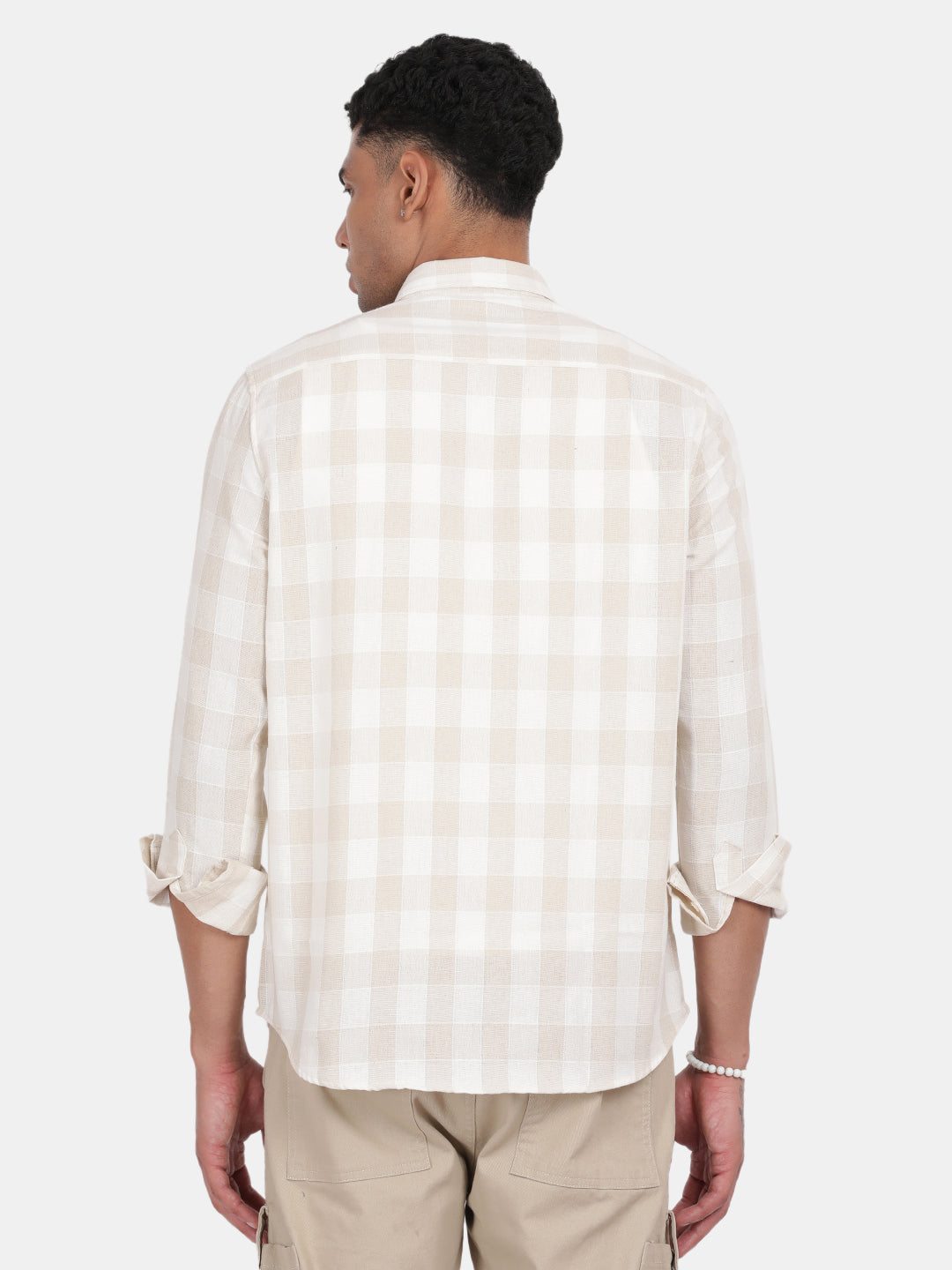 Men Beige Slim Fit Spread Collar Full Sleeve Casual Shirt