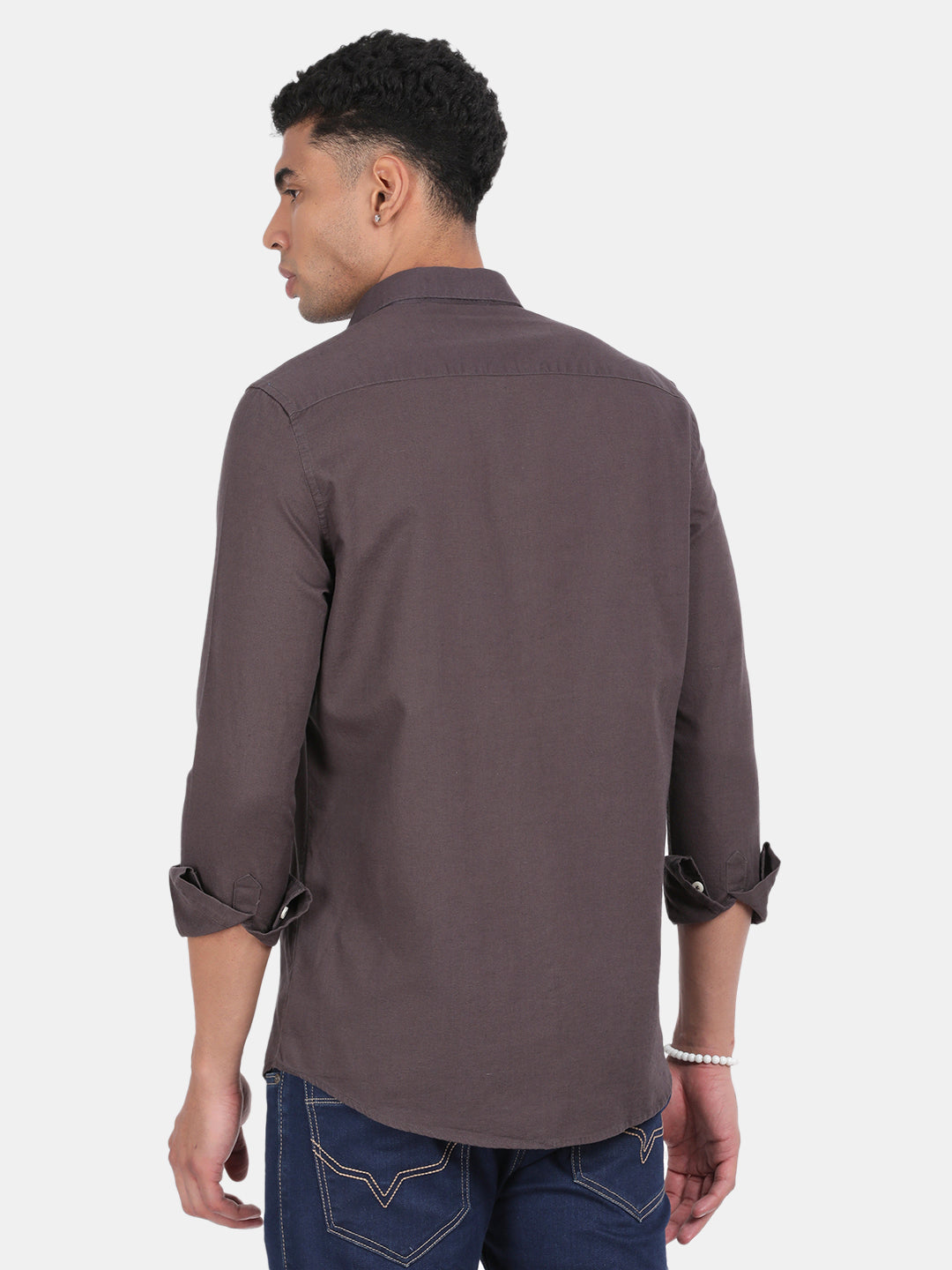 Men Grey Slim Fit Spread Collar Full Sleeve Casual Shirt