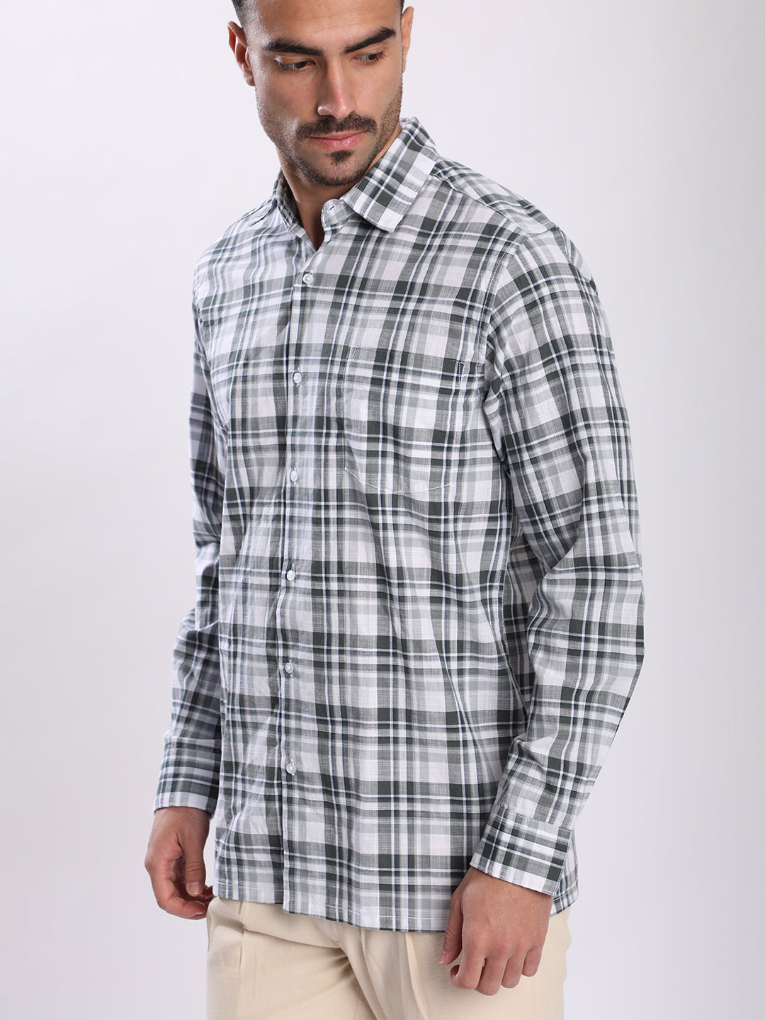Men Green and White Checked Single Pocket Shirt
