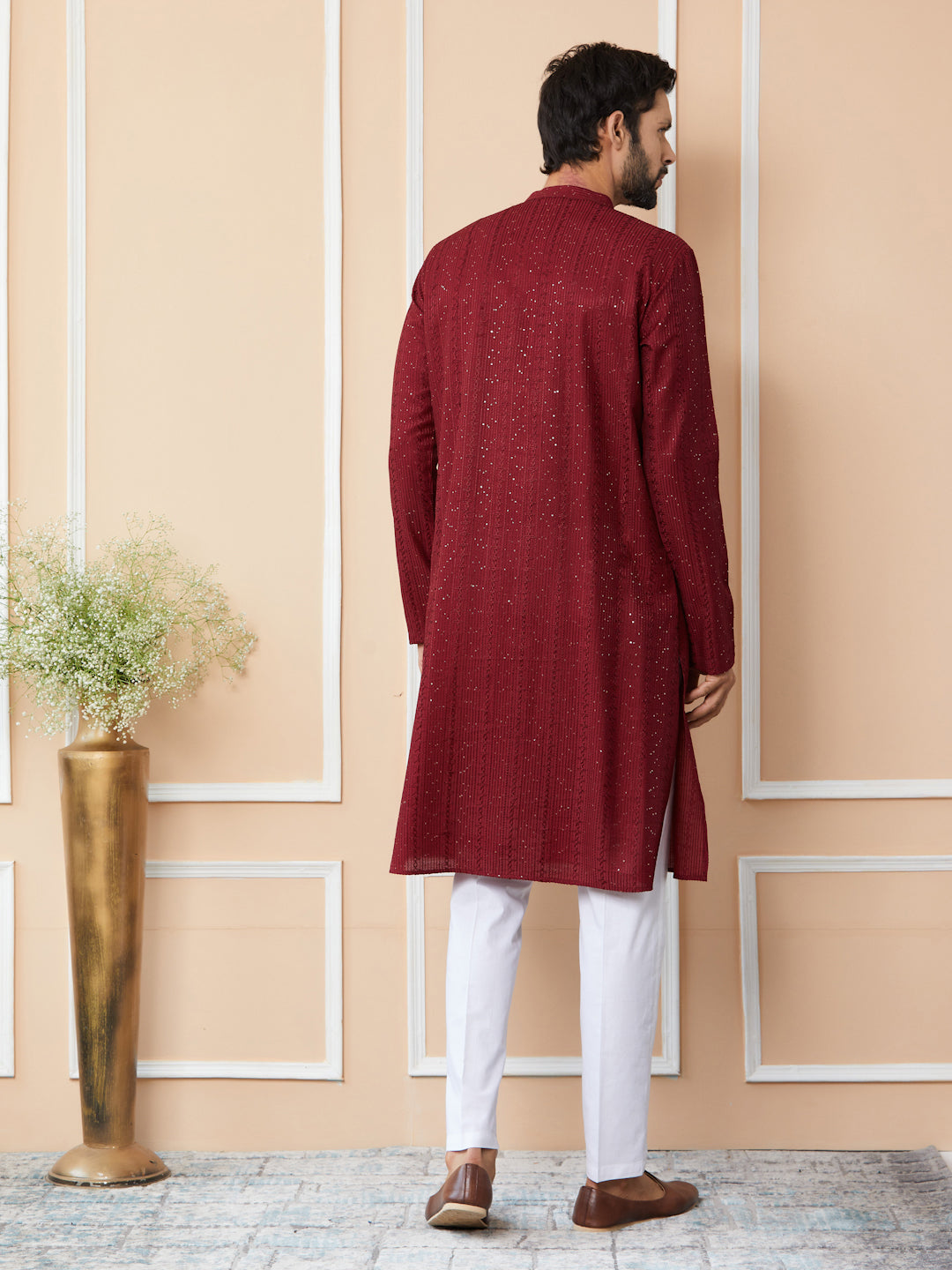 Men Dark Maroon Embroidered Thread Work Sequinned Chanderi Silk Straight Kurta