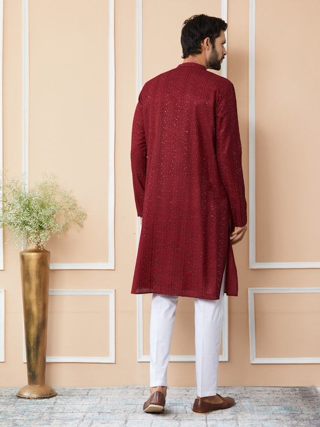Men Dark Maroon Embroidered Thread Work Sequinned Chanderi Silk Straight Kurta
