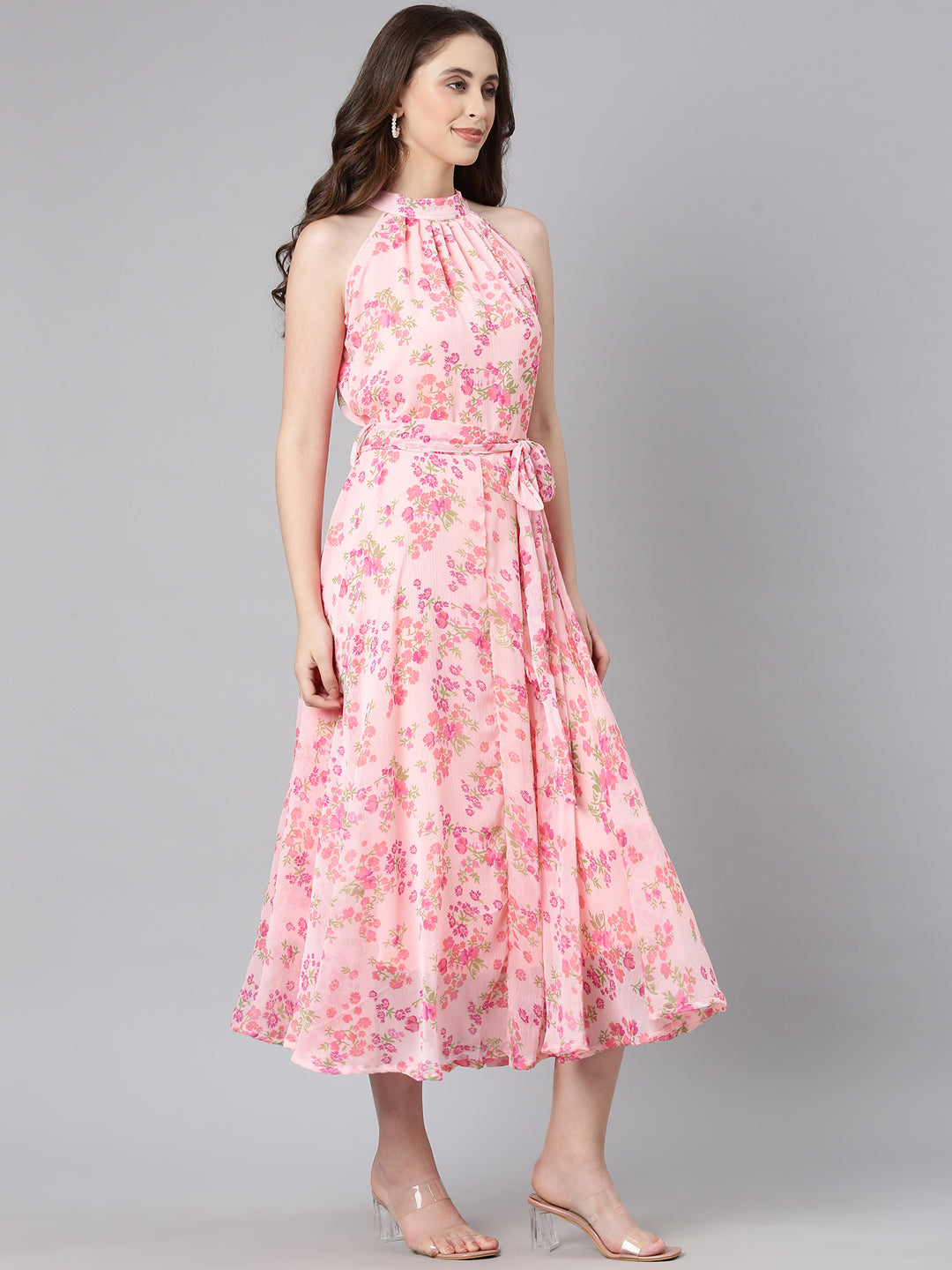 Women Pink Floral Chiffon Dress