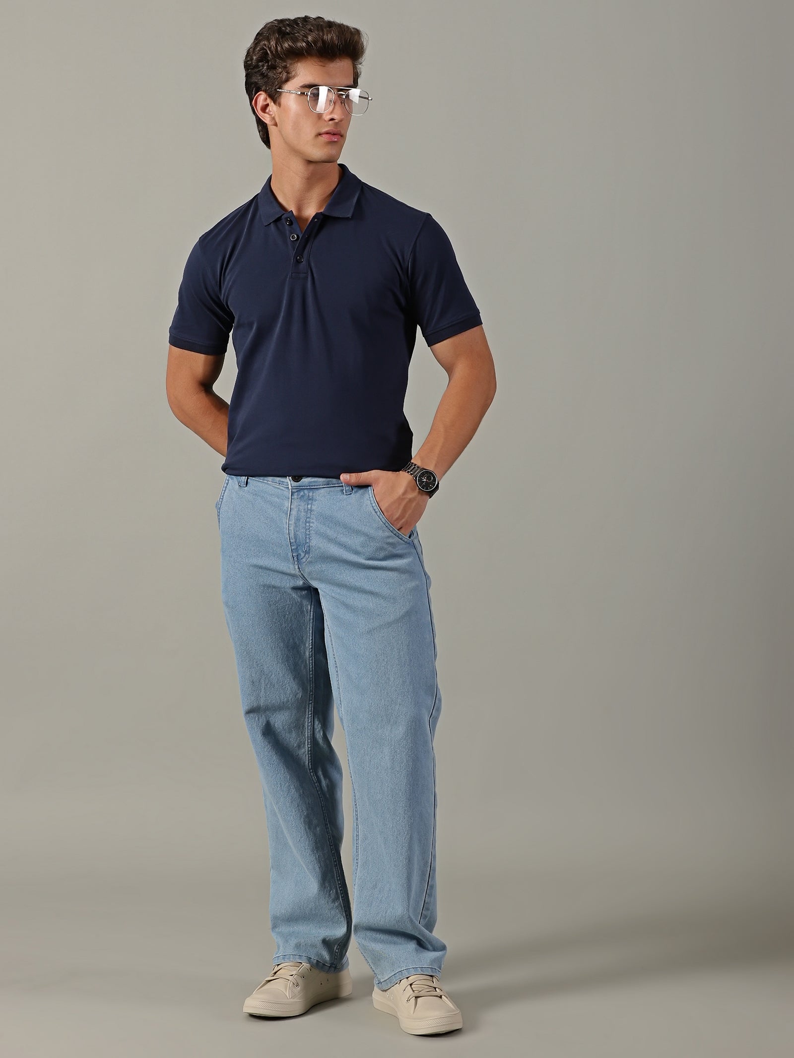 Men Navy Johnny Collar T-Shirt