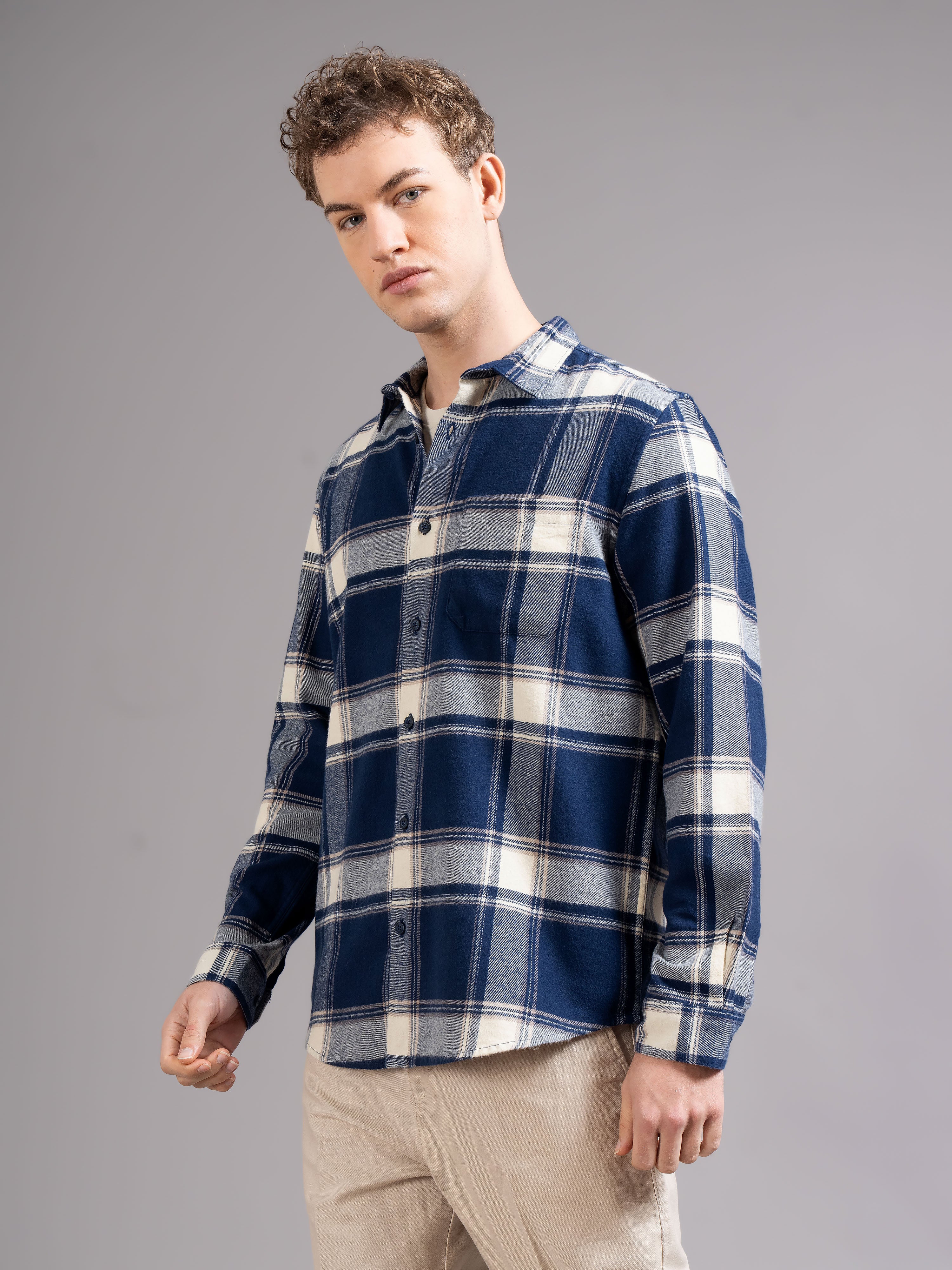 Men Navy Blue Flannel Checked Shirt